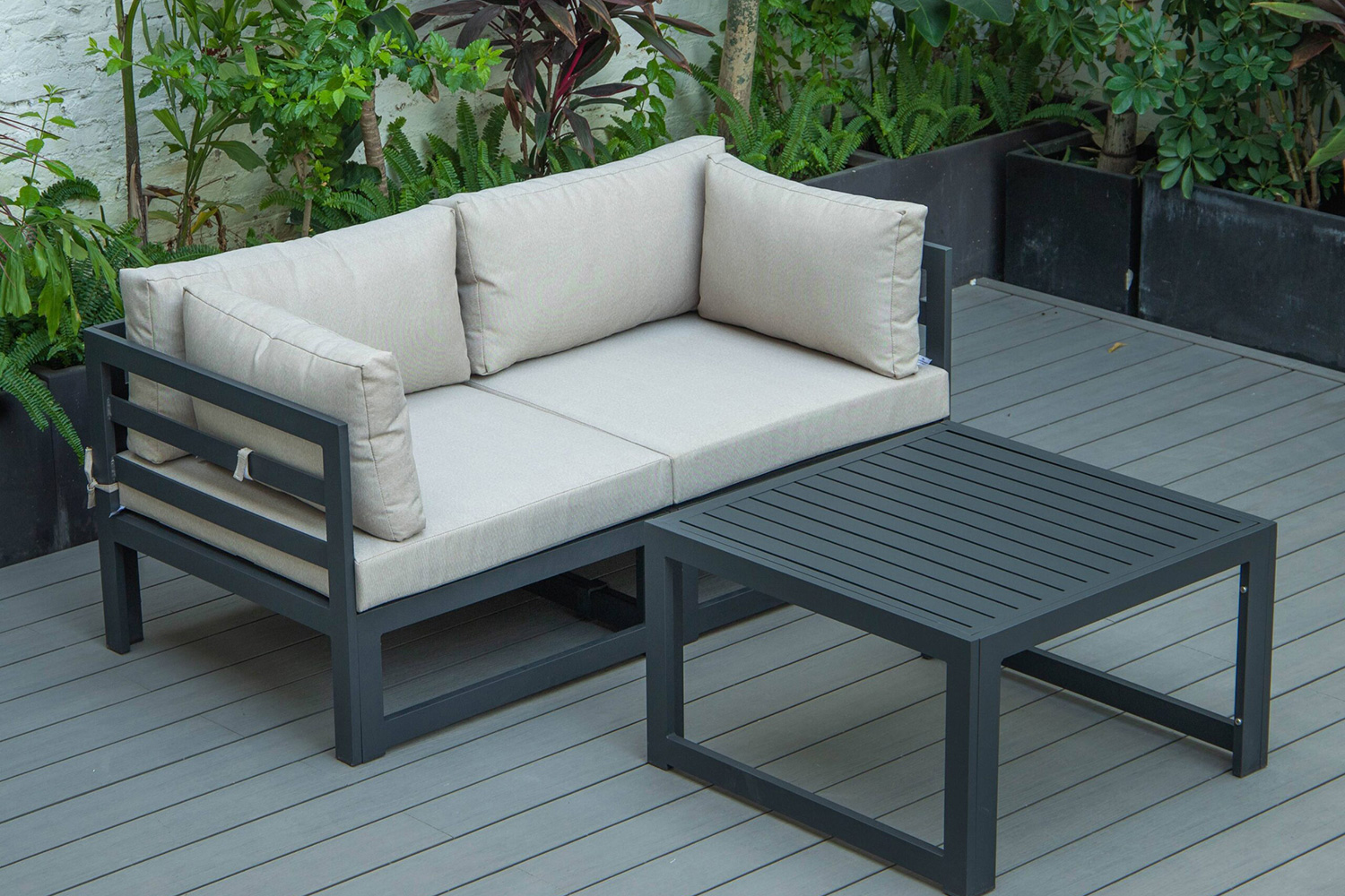 LeisureMod Chelsea 3-Piece Sectional Loveseat and Coffee Table Set Black Aluminum with Cushions - Beige