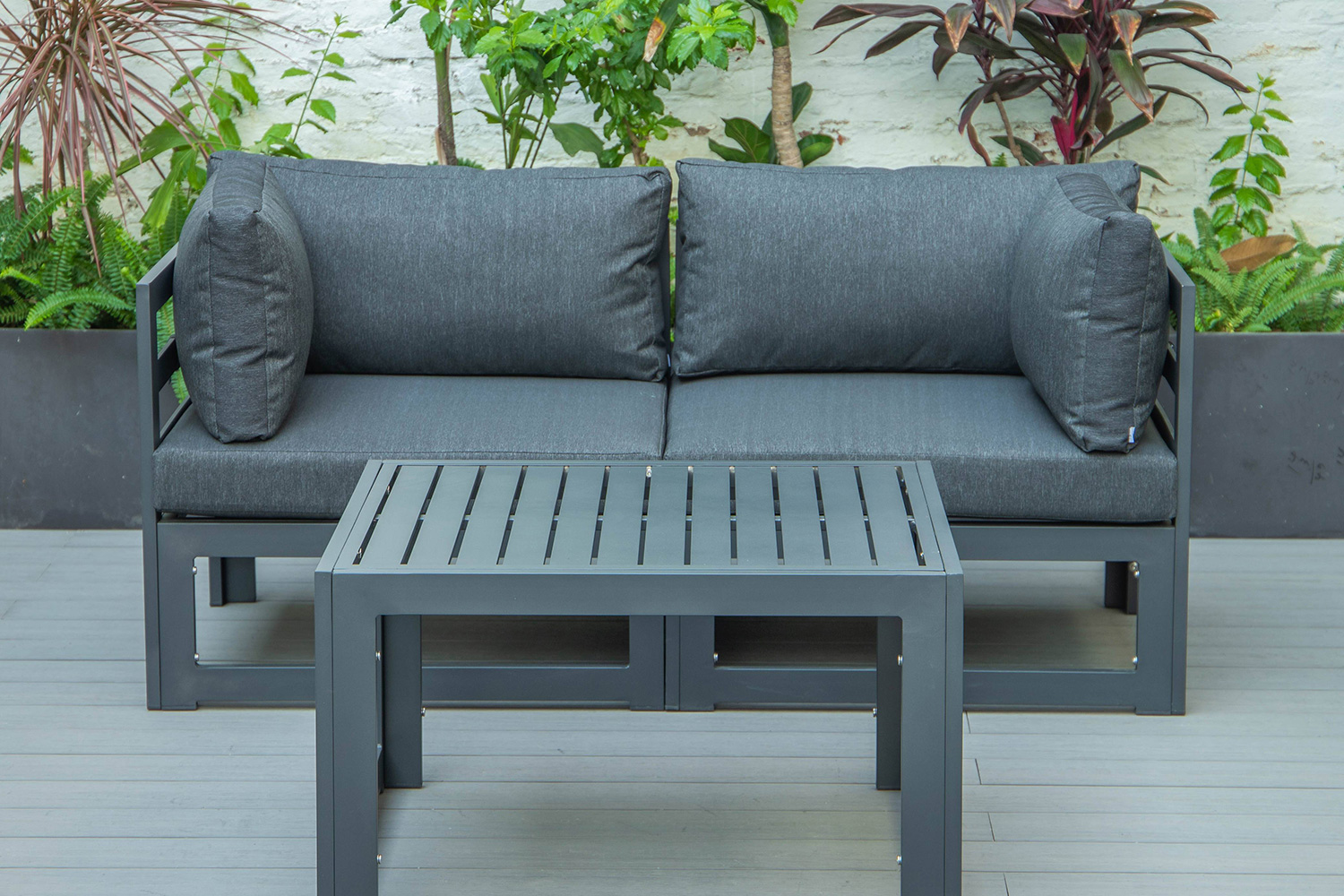 LeisureMod Chelsea 3-Piece Sectional Loveseat and Coffee Table Set Black Aluminum with Cushions - Black