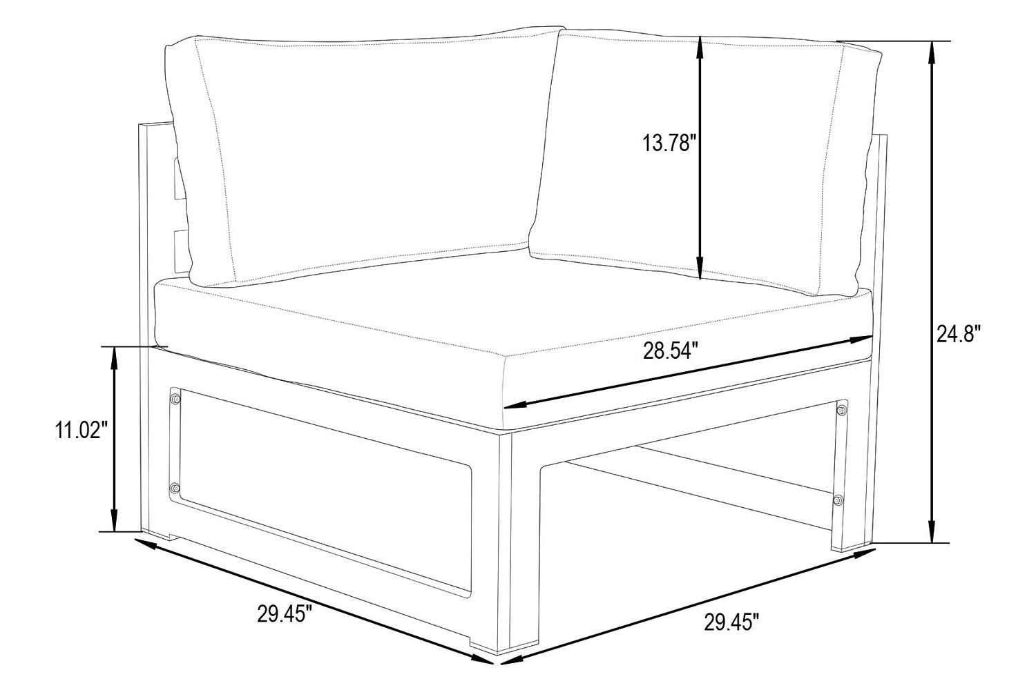 LeisureMod Chelsea 3-Piece Sectional Loveseat and Coffee Table Set Black Aluminum with Cushions - Black