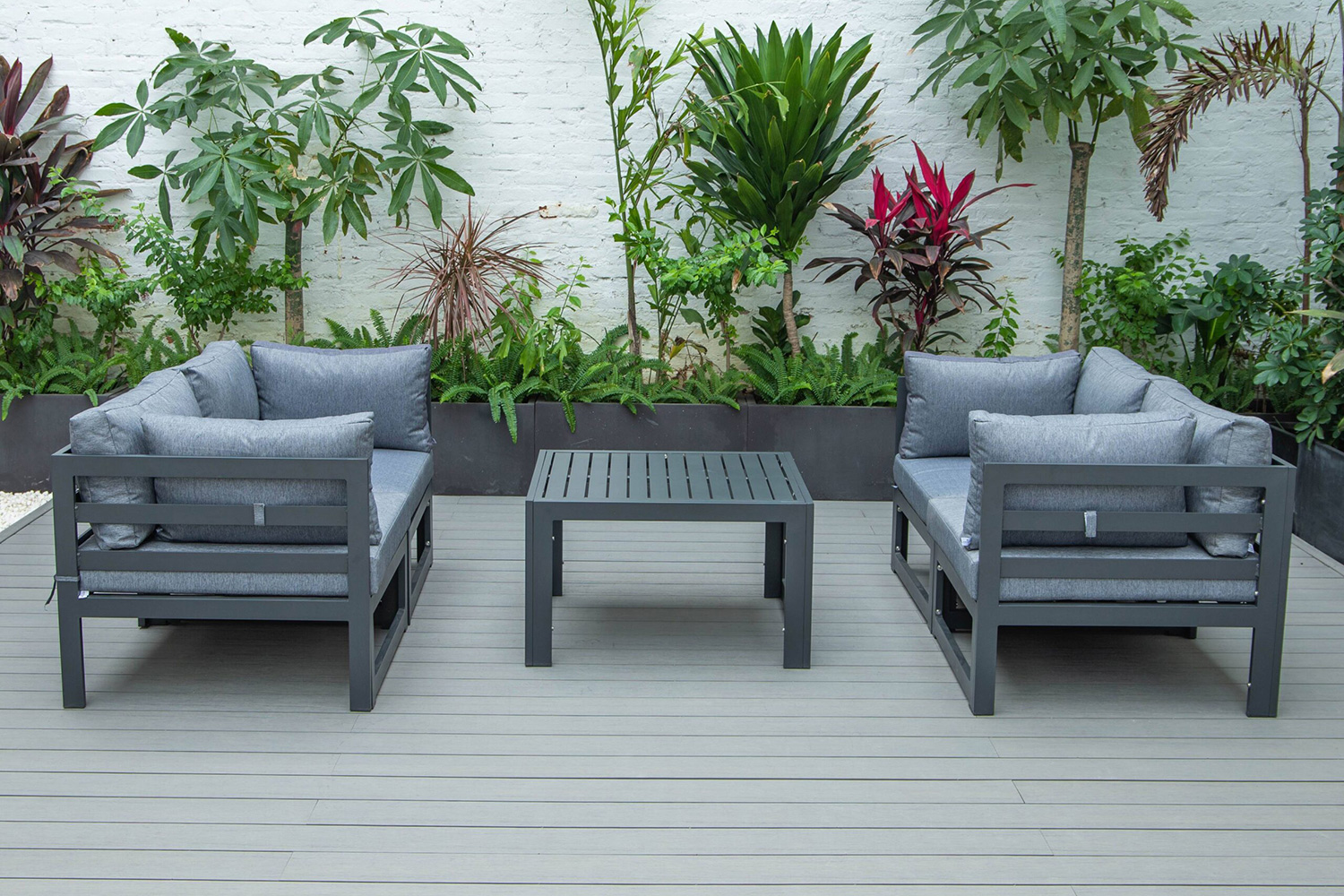 LeisureMod Chelsea 5-Piece Sectional Loveseat and Coffee Table Set Black Aluminum with Cushions - Blue