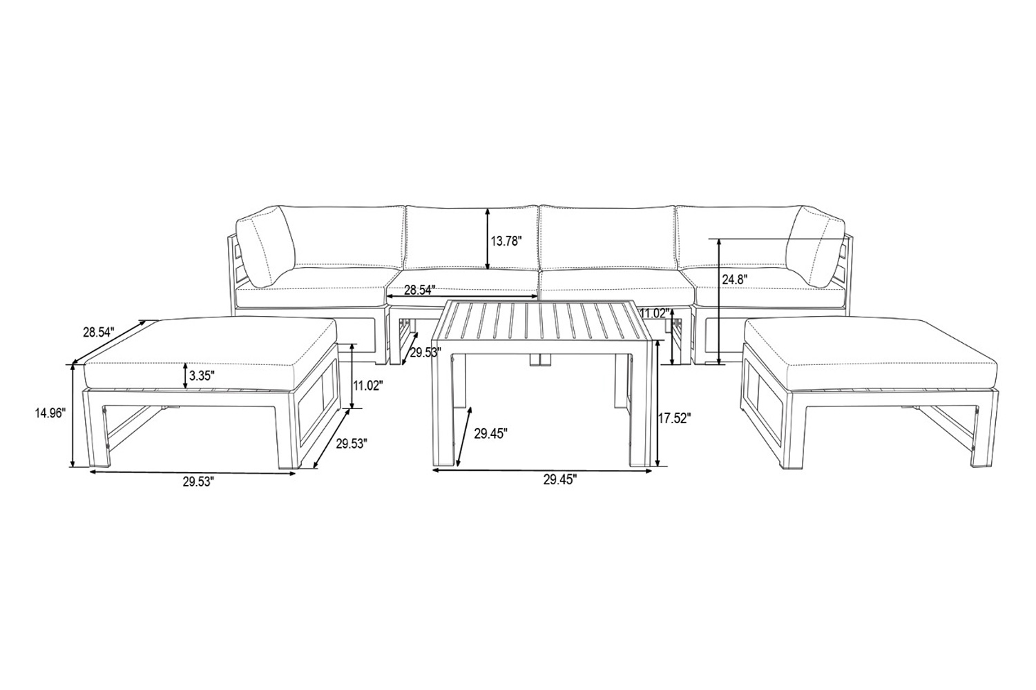 LeisureMod Chelsea 7-Piece Patio Ottoman Sectional and Coffee Table Set Black Aluminum with Cushions - Red