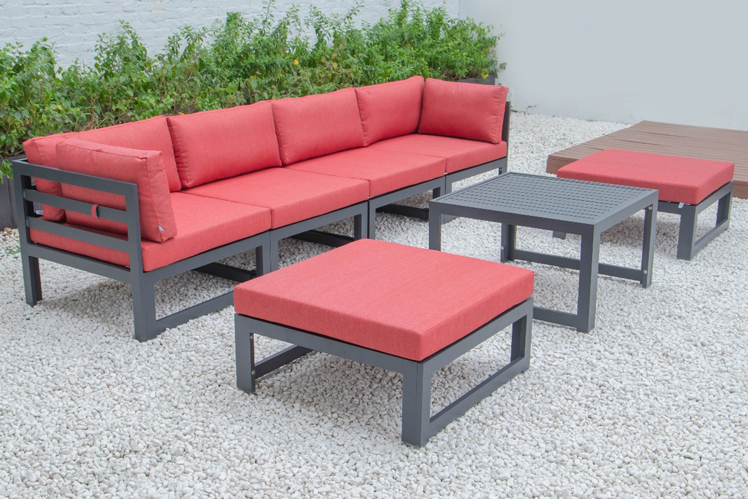 LeisureMod Chelsea 7-Piece Patio Ottoman Sectional and Coffee Table Set Black Aluminum with Cushions - Red