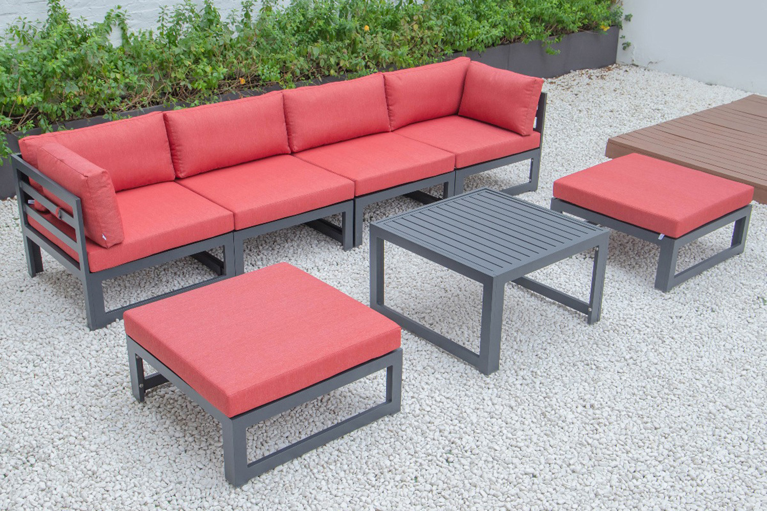 LeisureMod Chelsea 7-Piece Patio Ottoman Sectional and Coffee Table Set Black Aluminum with Cushions - Red