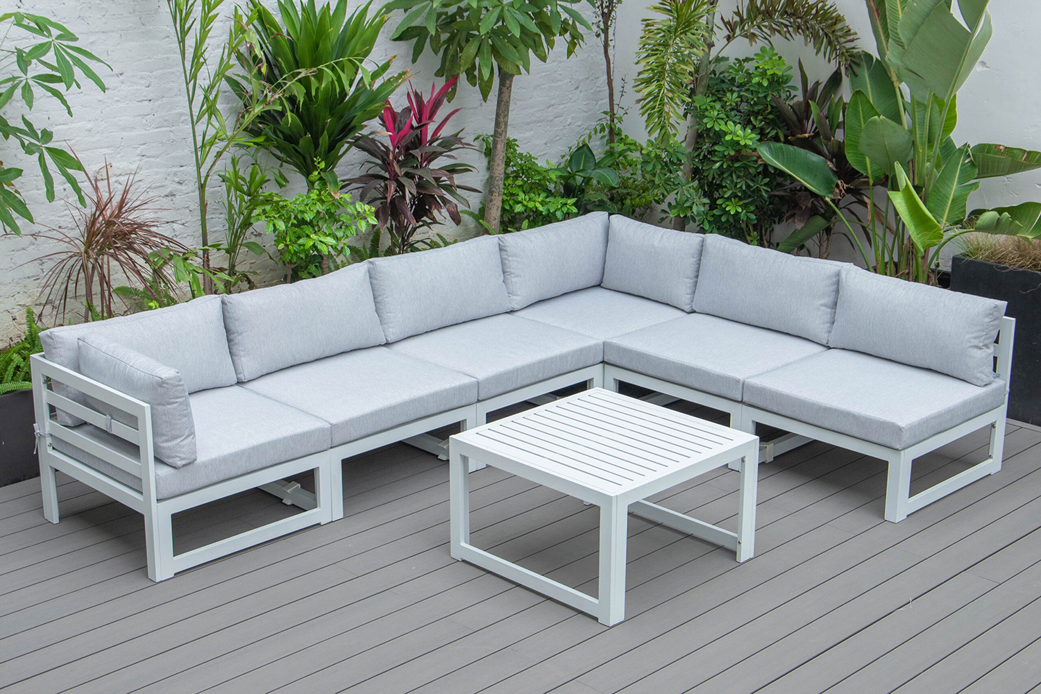 LeisureMod Chelsea 7-Piece Patio Sectional and Coffee Table Set In White Aluminum with Cushions - Light Gray