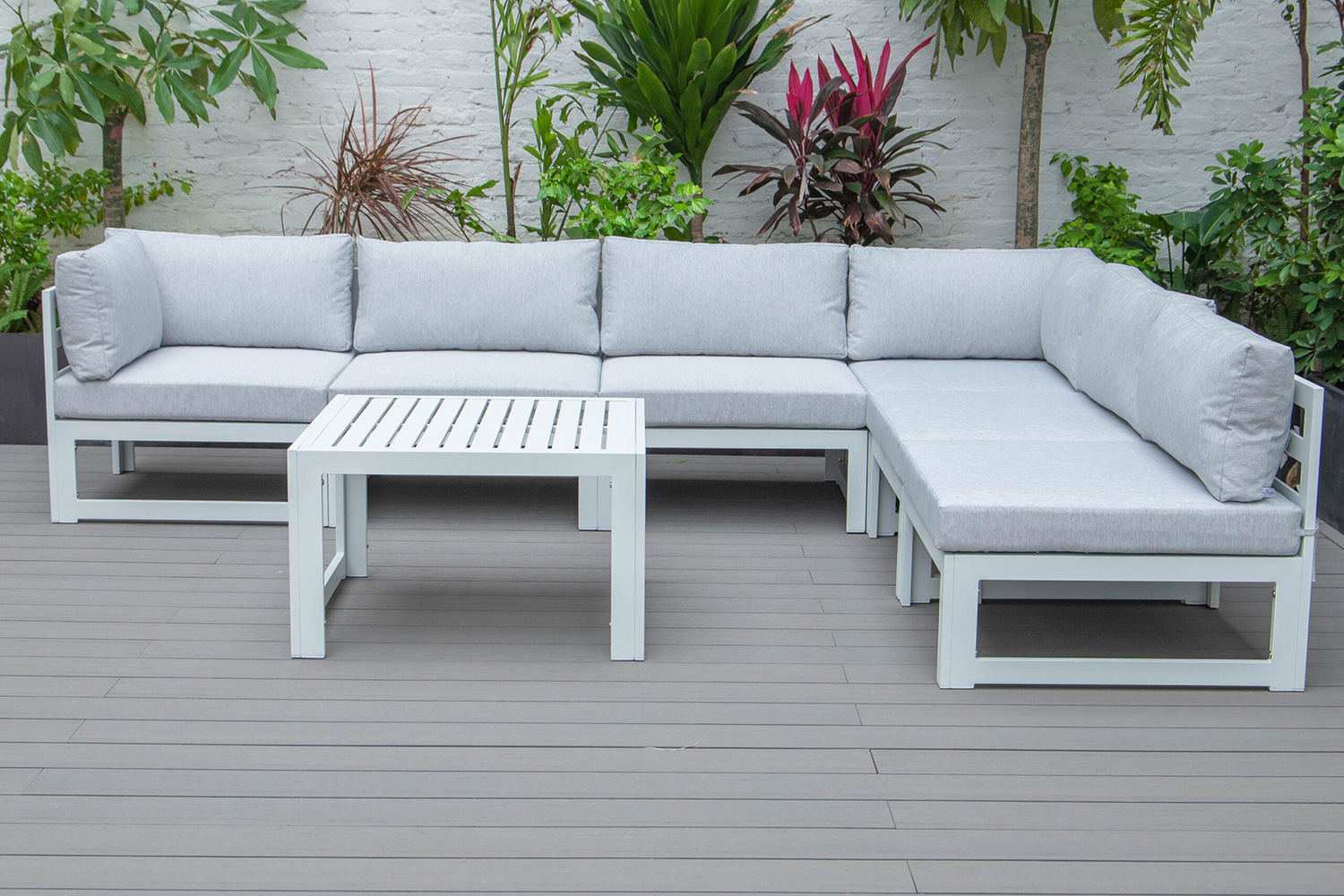 LeisureMod Chelsea 7-Piece Patio Sectional and Coffee Table Set In White Aluminum with Cushions - Light Gray