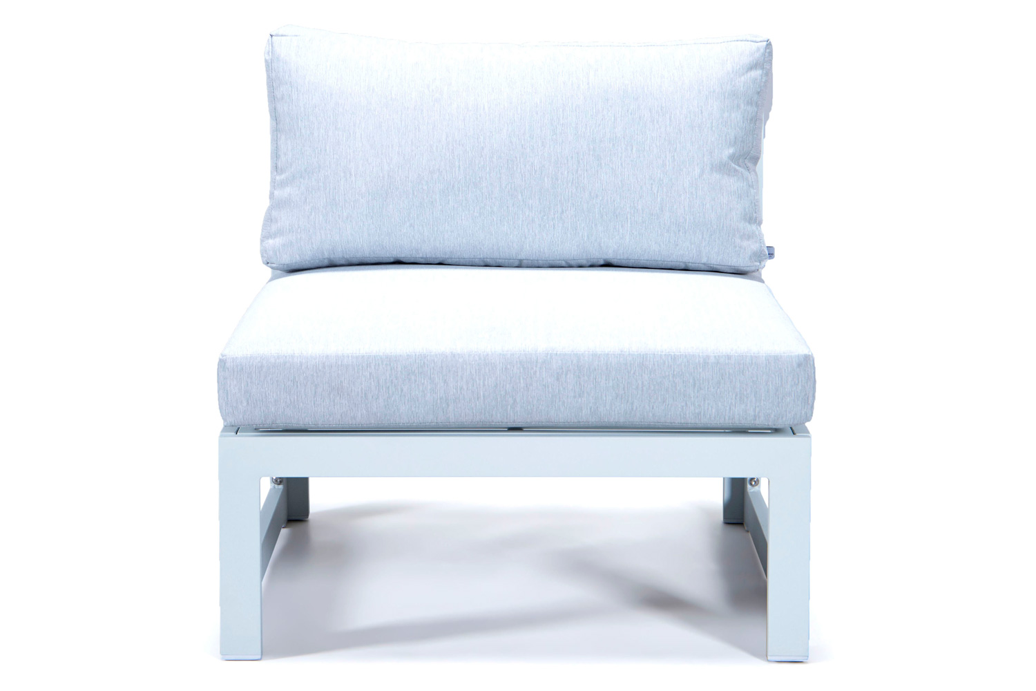 LeisureMod Chelsea 7-Piece Patio Sectional and Coffee Table Set In White Aluminum with Cushions - Light Gray