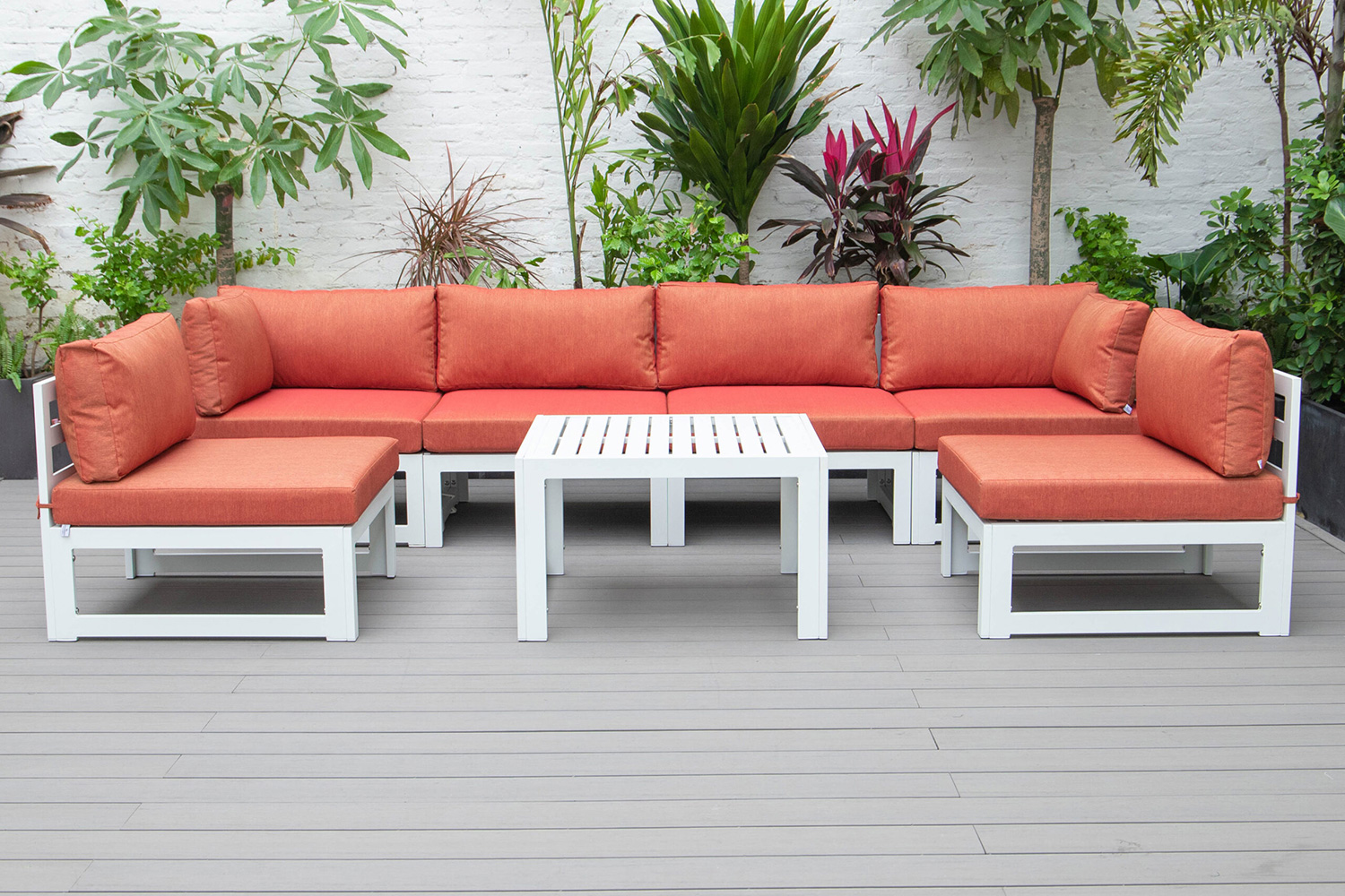 LeisureMod Chelsea 7-Piece Patio Sectional and Coffee Table Set In White Aluminum with Cushions - Orange