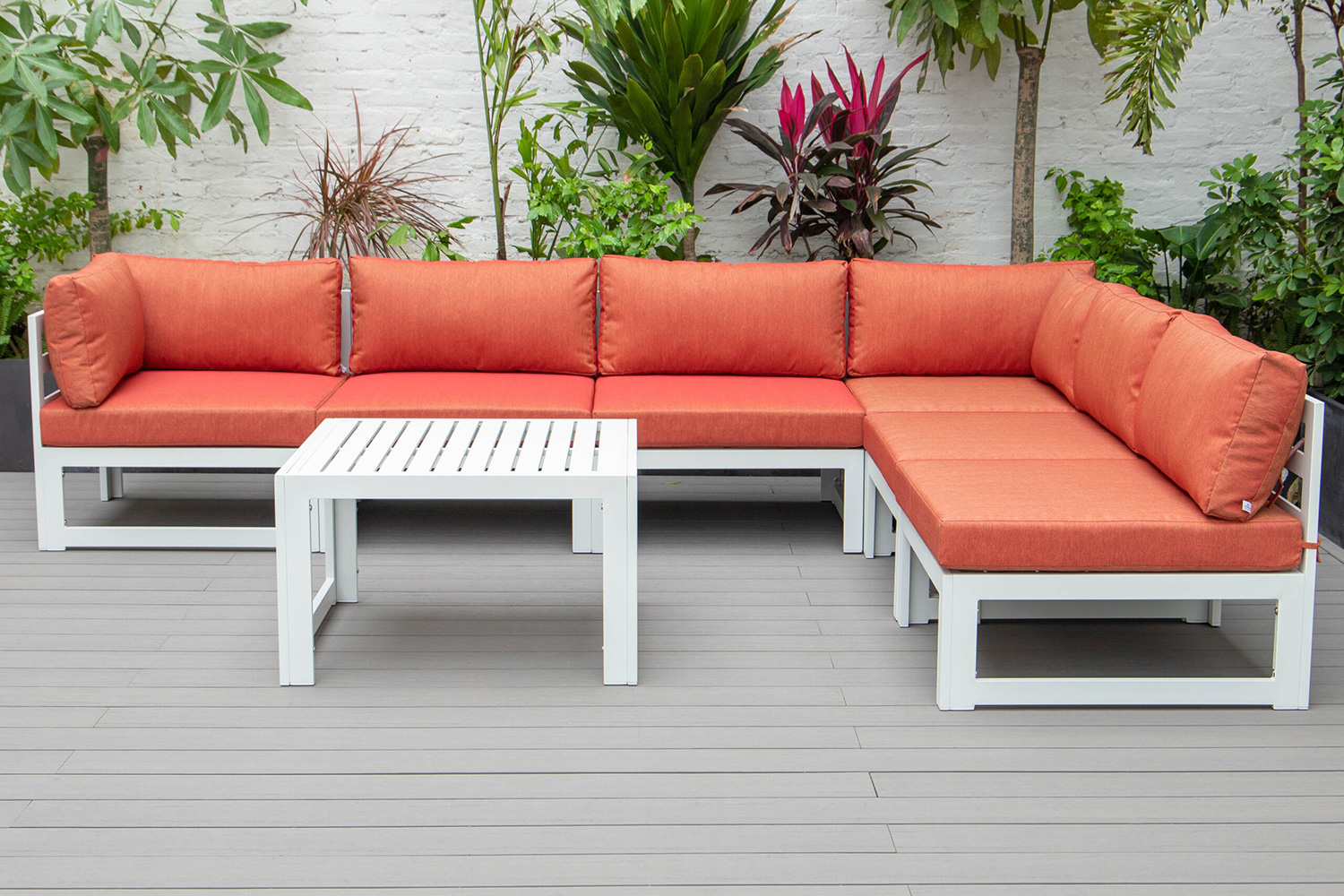 LeisureMod Chelsea 7-Piece Patio Sectional and Coffee Table Set In White Aluminum with Cushions - Orange
