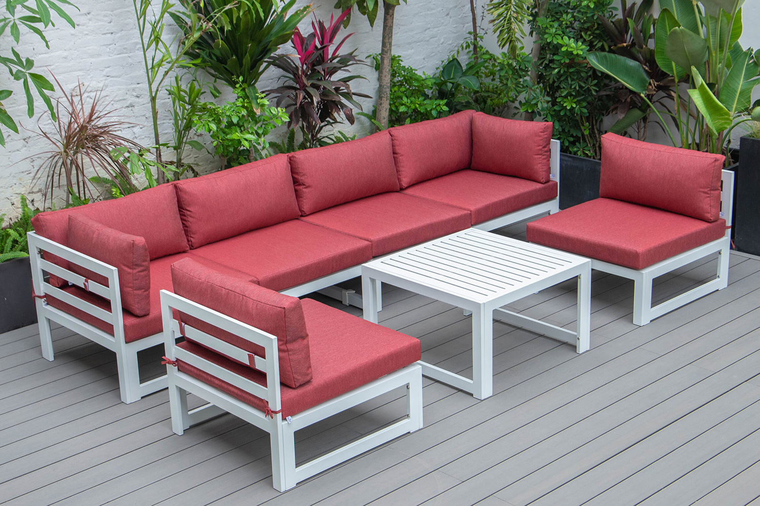 LeisureMod - Chelsea 7-Piece Patio Sectional and Coffee Table Set Black Aluminum with Cushions