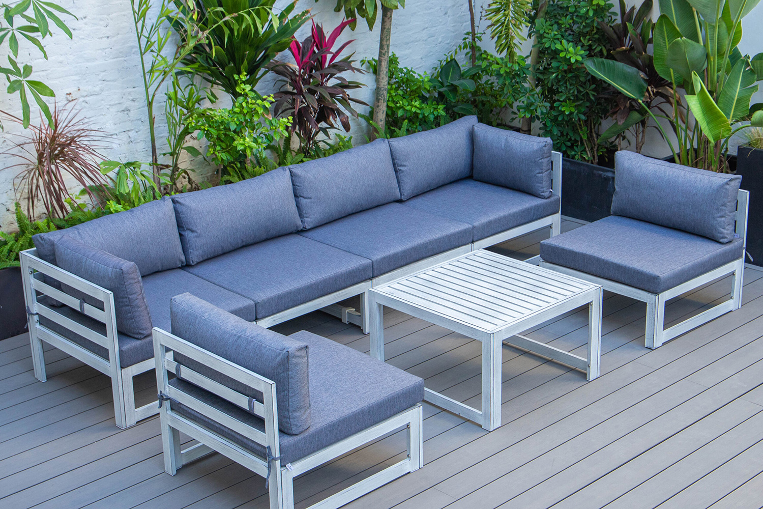 LeisureMod - Chelsea 7-Piece Patio Sectional and Coffee Table Set Black Aluminum with Cushions