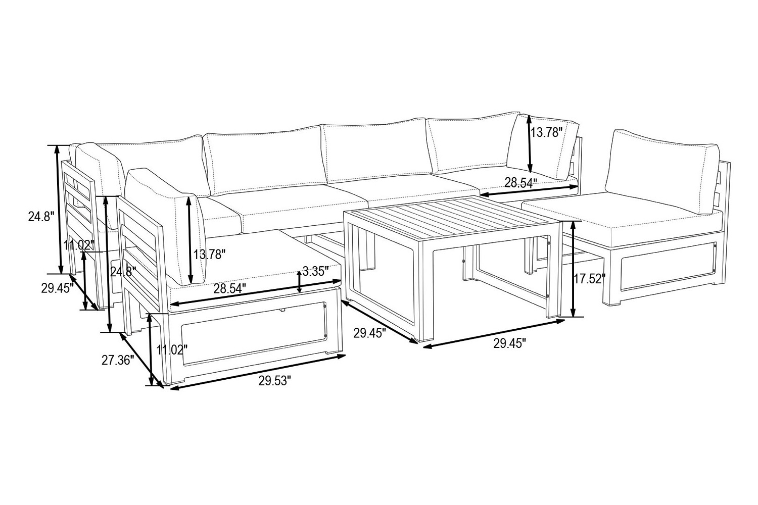 LeisureMod Chelsea 7-Piece Patio Sectional and Coffee Table Set In Weathered Gray Aluminum with Cushions - Orange