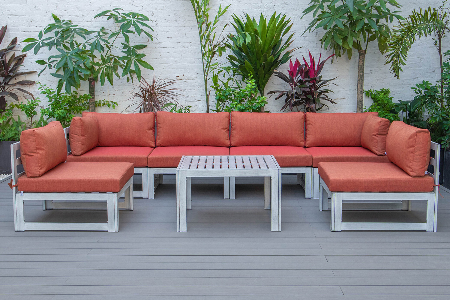 LeisureMod Chelsea 7-Piece Patio Sectional and Coffee Table Set In Weathered Gray Aluminum with Cushions - Orange