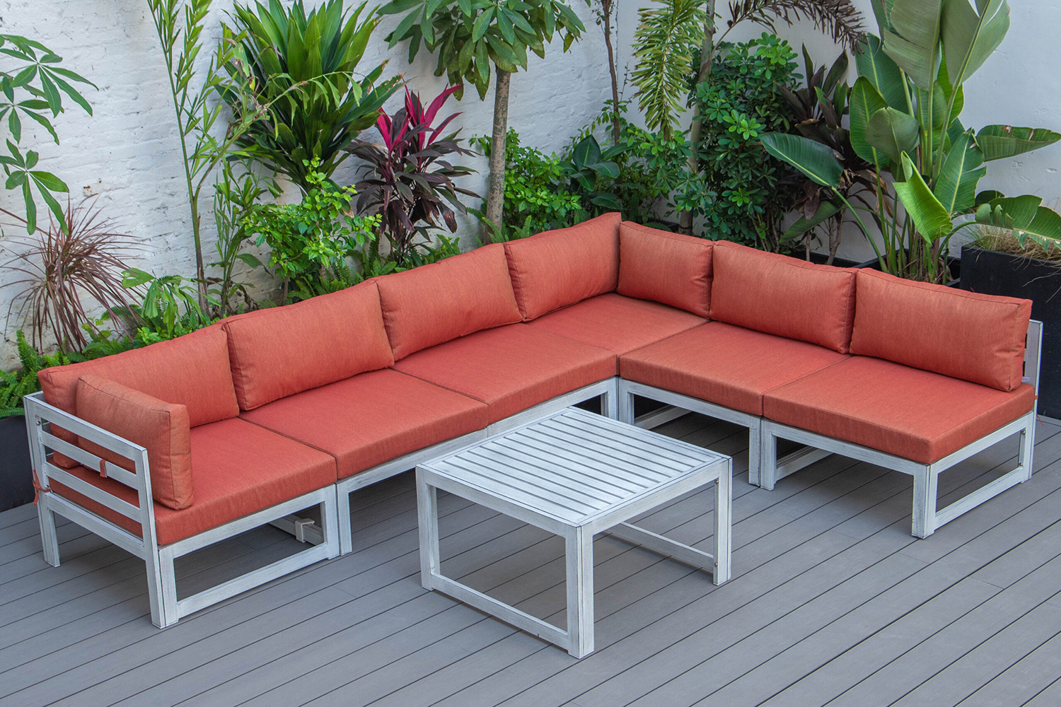 LeisureMod Chelsea 7-Piece Patio Sectional and Coffee Table Set In Weathered Gray Aluminum with Cushions - Orange
