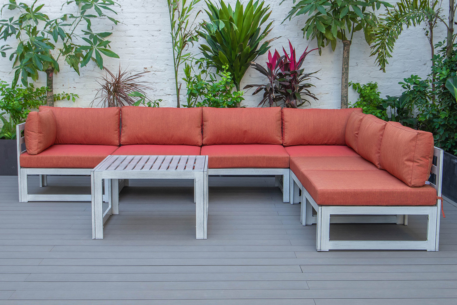 LeisureMod Chelsea 7-Piece Patio Sectional and Coffee Table Set In Weathered Gray Aluminum with Cushions - Orange