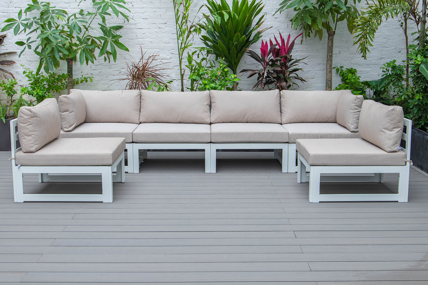 LeisureMod Chelsea 6-Piece Patio Sectional In White Aluminum with Cushions - Beige