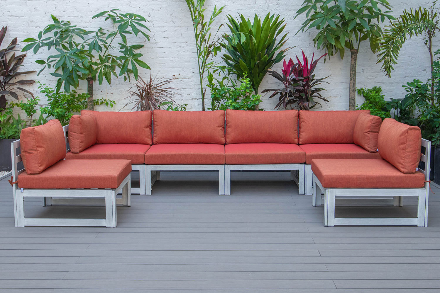 LeisureMod Chelsea 6-Piece Patio Sectional In Weathered Gray Aluminum with Cushions - Orange
