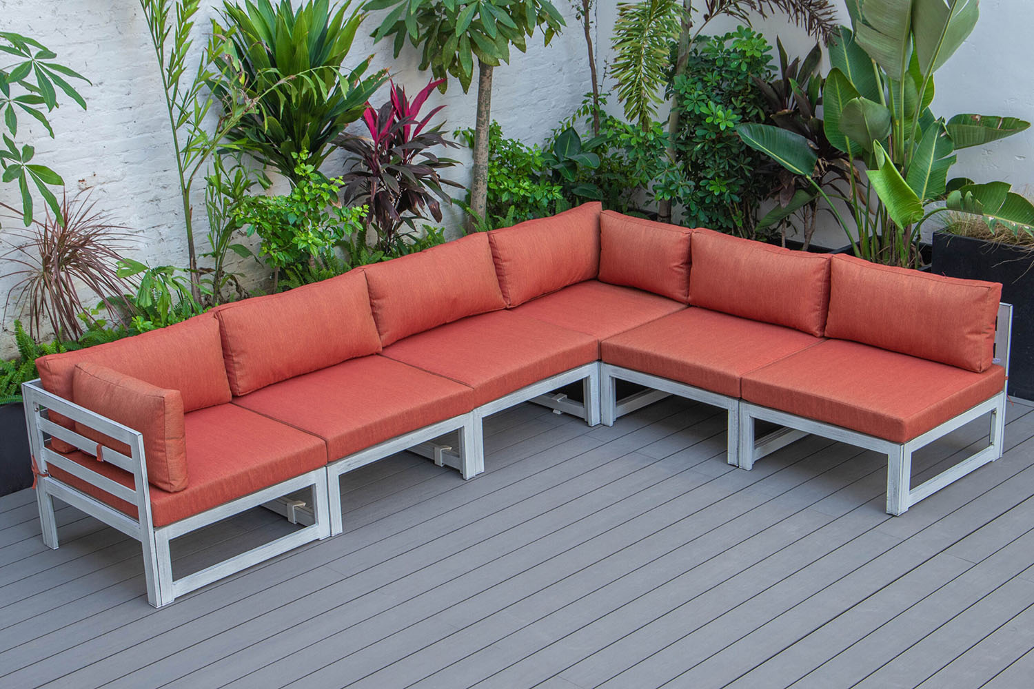 LeisureMod Chelsea 6-Piece Patio Sectional In Weathered Gray Aluminum with Cushions - Orange