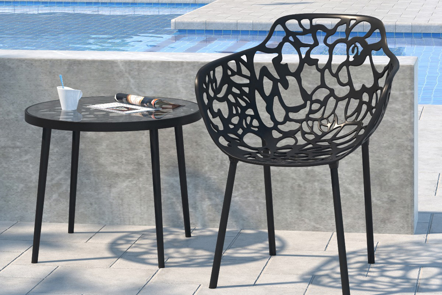 LeisureMod Devon Modern Flower Design Outdoor Aluminum Dining Armchair - Black