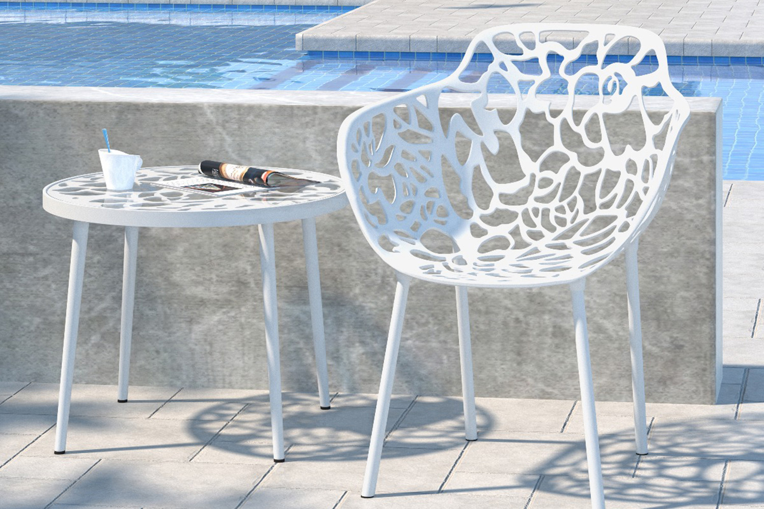 LeisureMod Devon Modern Flower Design Outdoor Aluminum Dining Armchair - White