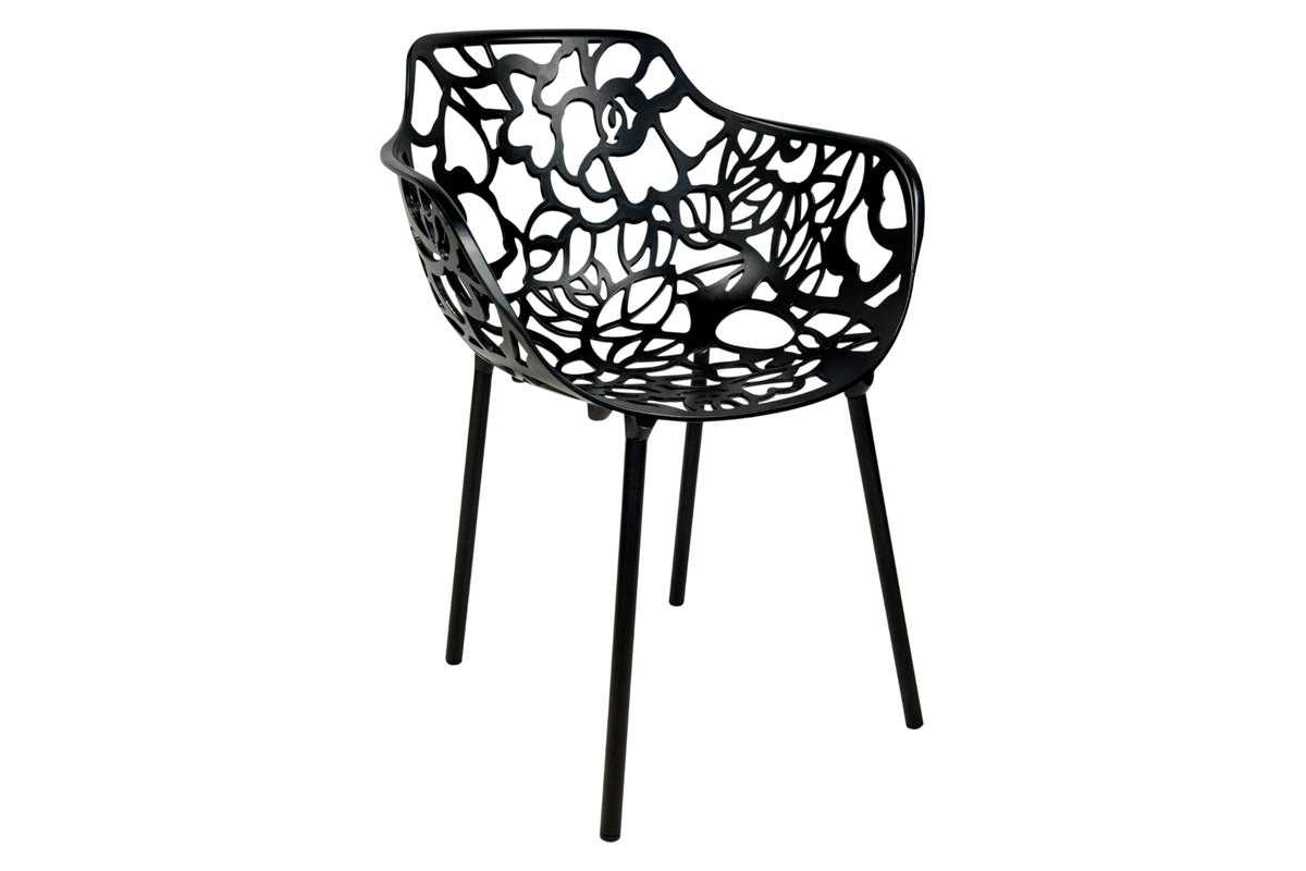LeisureMod Devon Modern 3-Piece Aluminum Patio Dining Set with Dining Table and 2 Stackable Flower Design Arm Chairs - Black