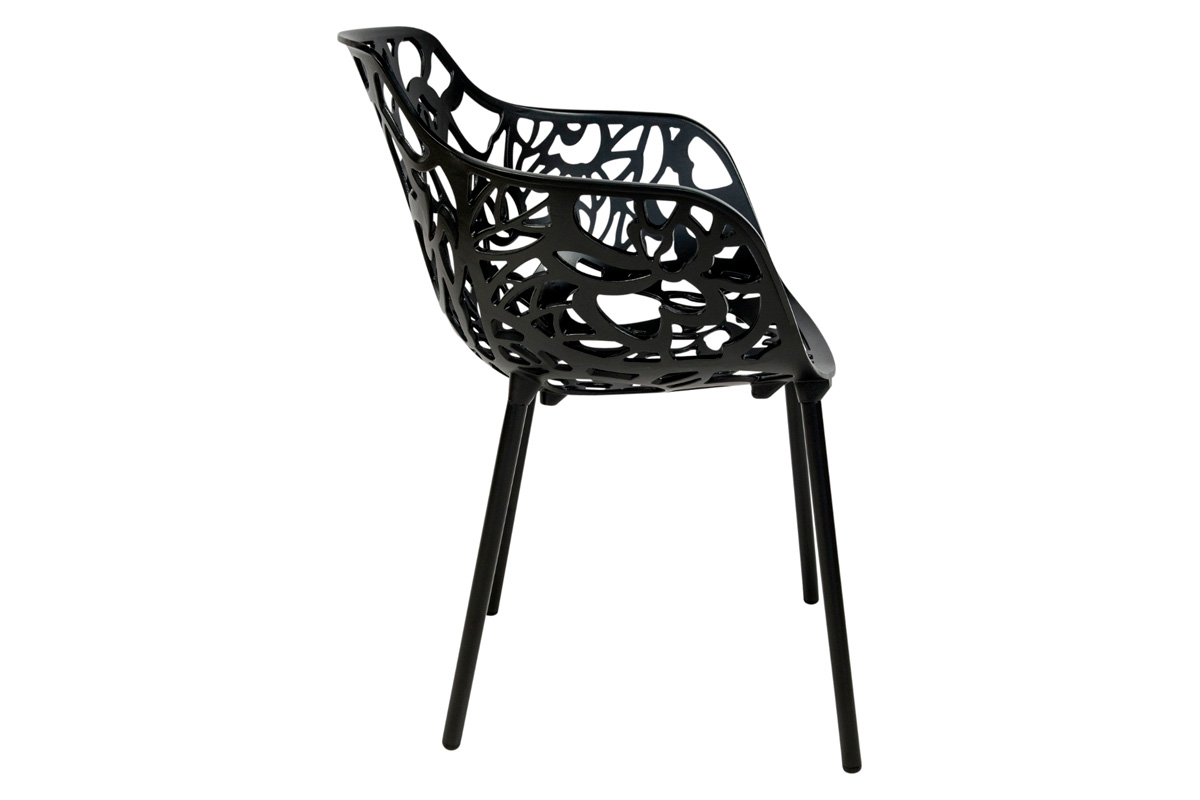 LeisureMod Devon Modern 3-Piece Aluminum Patio Dining Set with Dining Table and 2 Stackable Flower Design Arm Chairs - Black