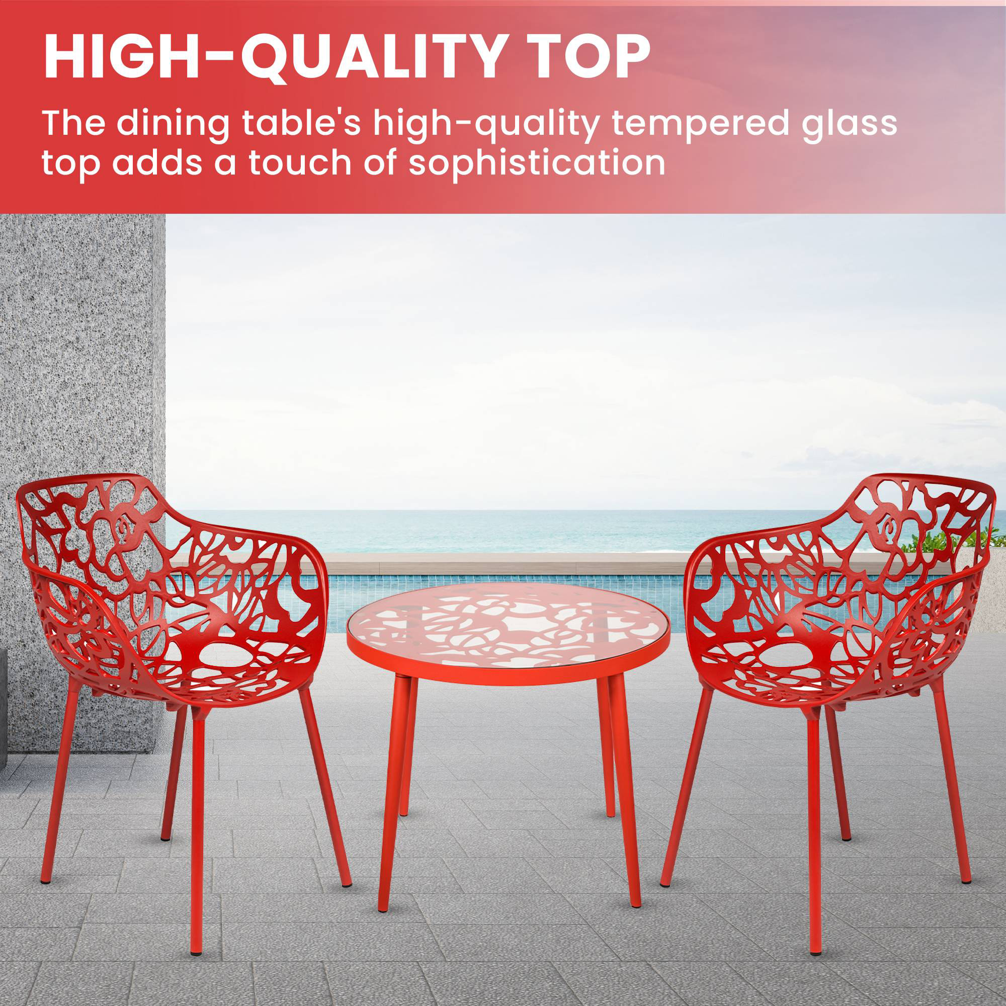 LeisureMod Devon Modern 3-Piece Aluminum Patio Dining Set with Dining Table and 2 Stackable Flower Design Arm Chairs - Red