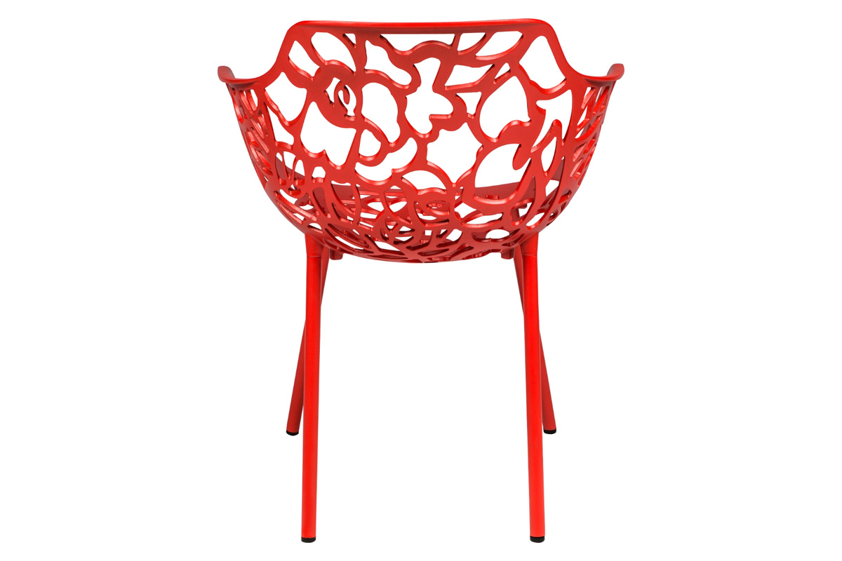LeisureMod Devon Modern 3-Piece Aluminum Patio Dining Set with Dining Table and 2 Stackable Flower Design Arm Chairs - Red