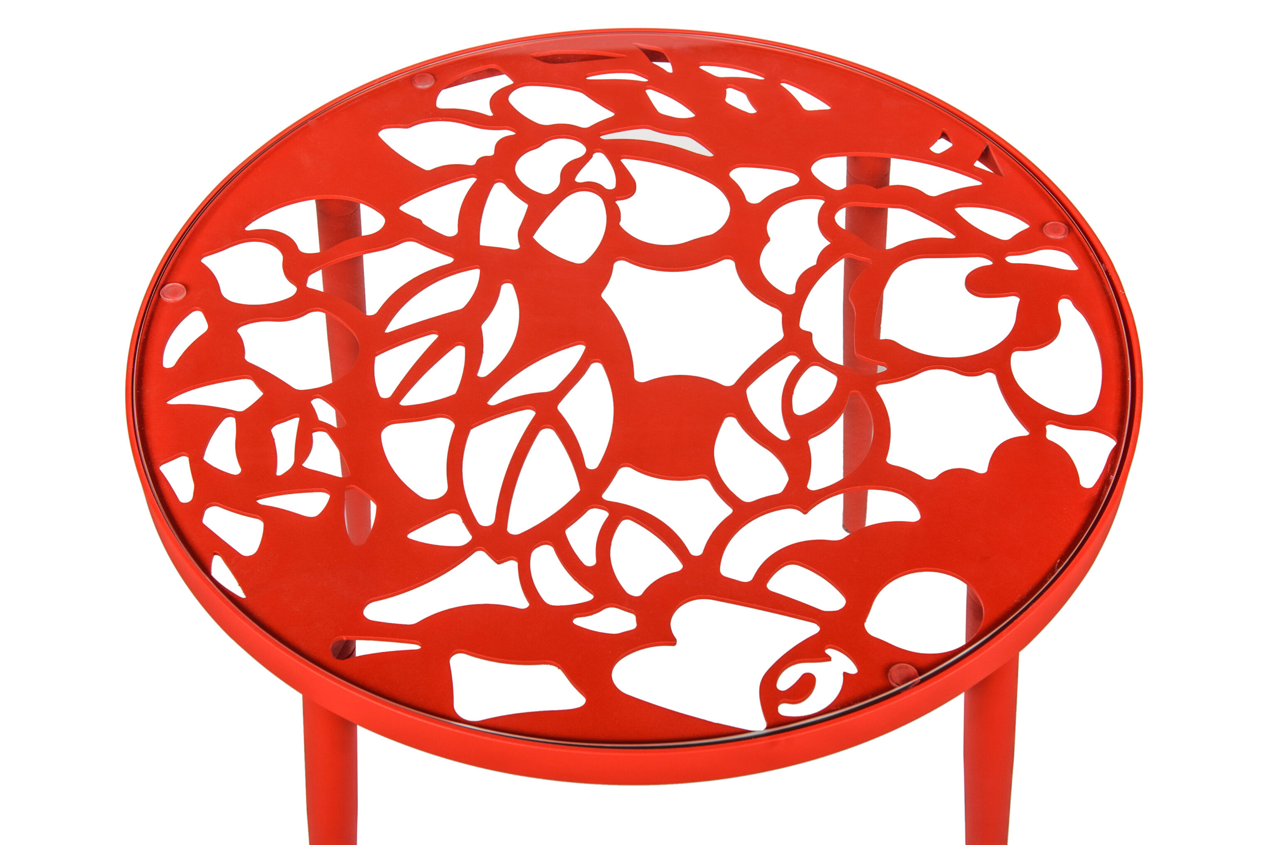 LeisureMod Devon Modern 3-Piece Aluminum Patio Dining Set with Dining Table and 2 Stackable Flower Design Arm Chairs - Red