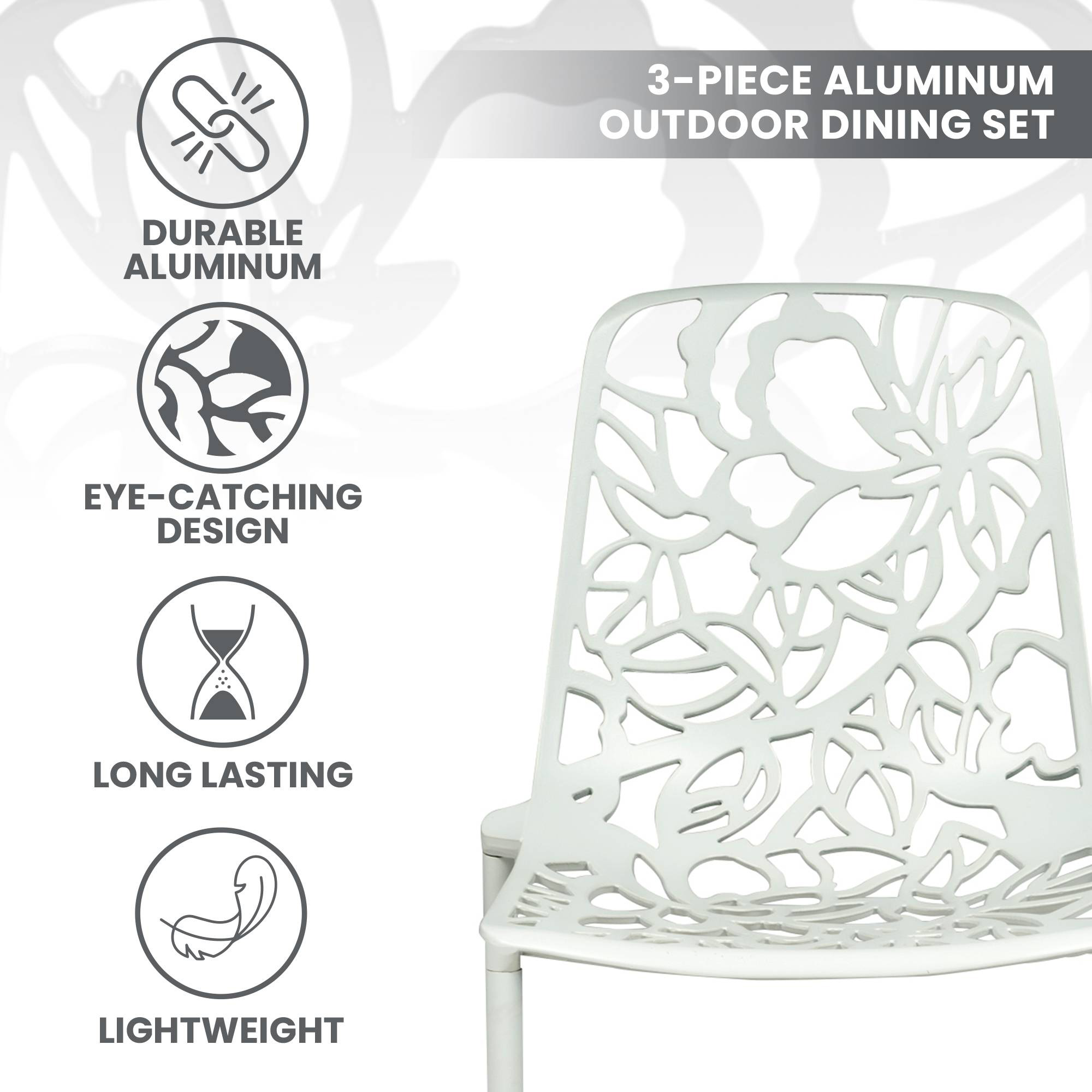 LeisureMod Devon Modern 3-Piece Aluminum Patio Dining Set with Dining Table and 2 Stackable Flower Design Arm Chairs - White