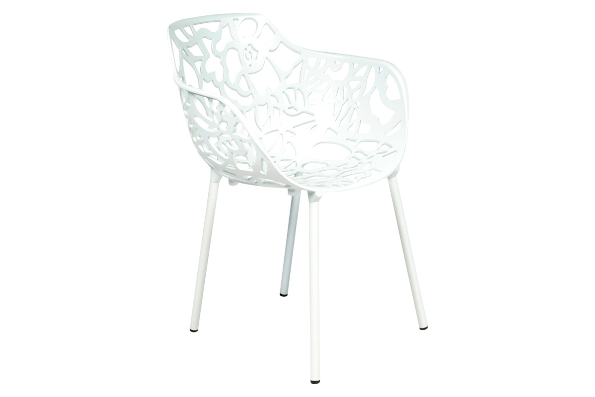 LeisureMod Devon Modern 3-Piece Aluminum Patio Dining Set with Dining Table and 2 Stackable Flower Design Arm Chairs - White