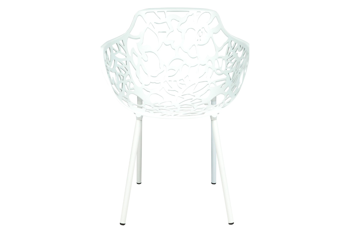 LeisureMod Devon Modern 3-Piece Aluminum Patio Dining Set with Dining Table and 2 Stackable Flower Design Arm Chairs - White