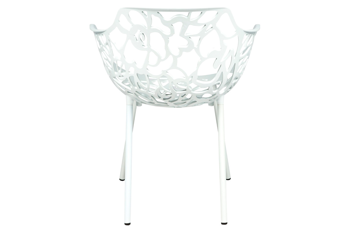LeisureMod Devon Modern 3-Piece Aluminum Patio Dining Set with Dining Table and 2 Stackable Flower Design Arm Chairs - White