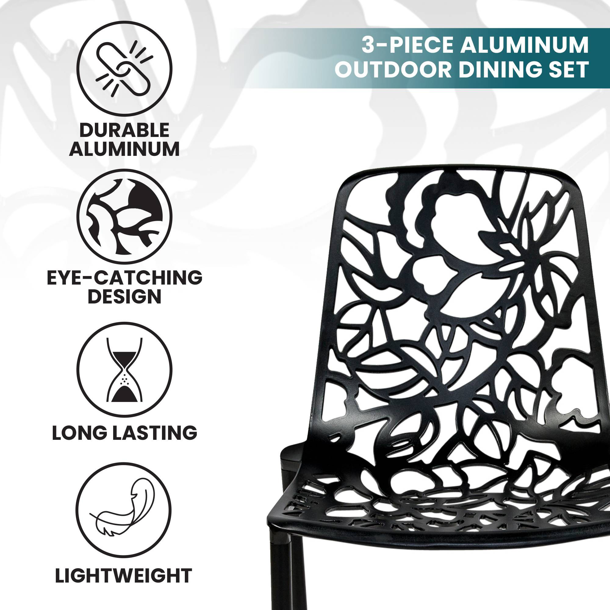 LeisureMod Devon Modern 3-Piece Aluminum Patio Dining Set with Dining Table and 2 Stackable Flower Design Chairs - Black