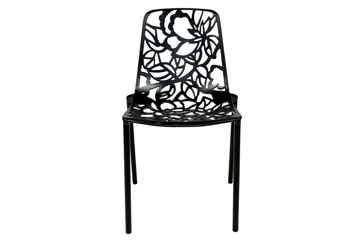 LeisureMod Devon Modern 3-Piece Aluminum Patio Dining Set with Dining Table and 2 Stackable Flower Design Chairs - Black