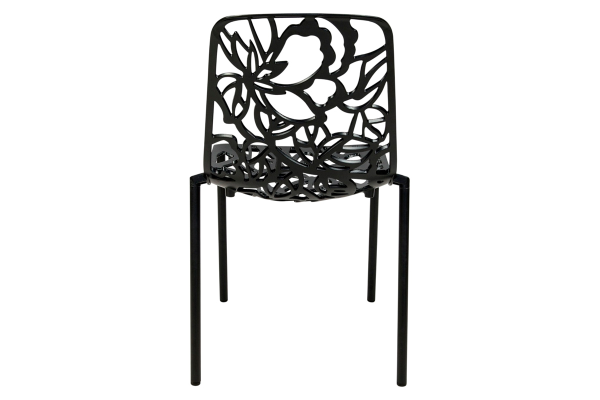 LeisureMod Devon Modern 3-Piece Aluminum Patio Dining Set with Dining Table and 2 Stackable Flower Design Chairs - Black