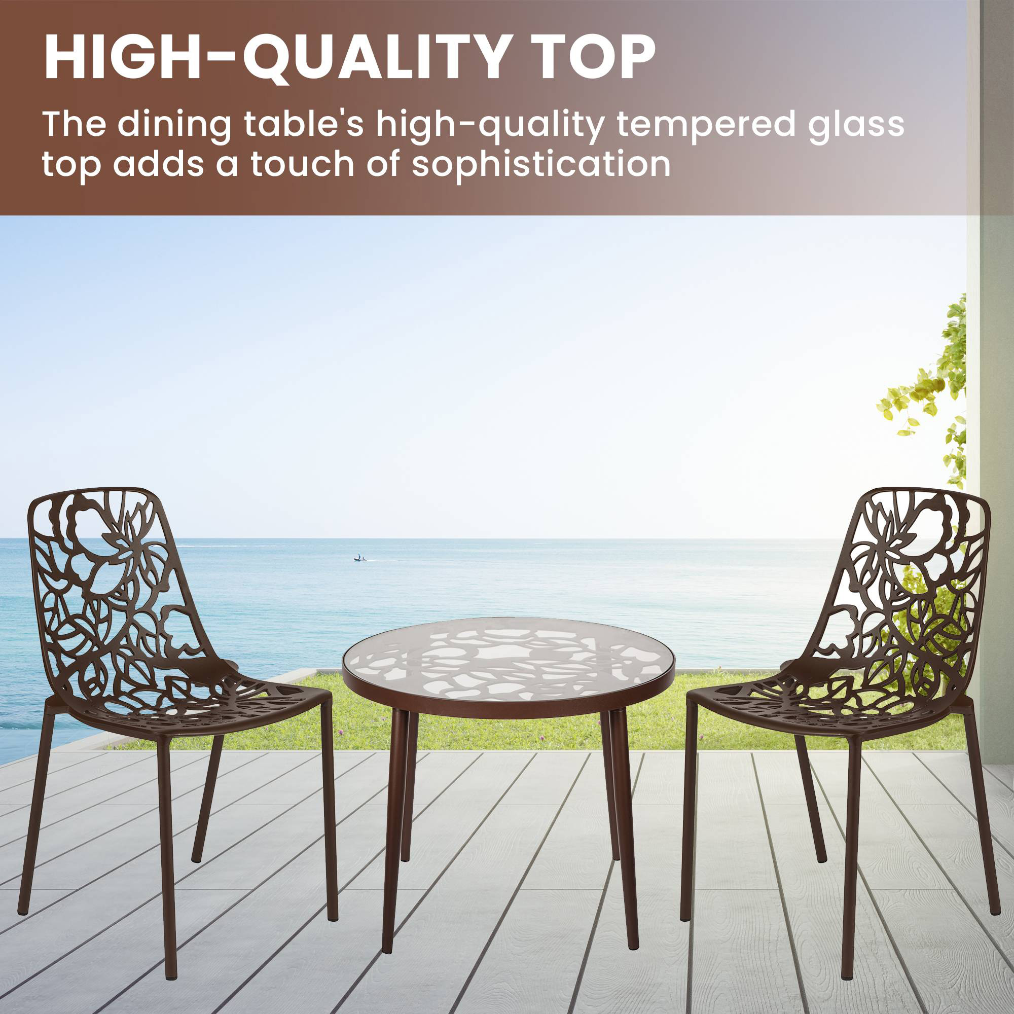 LeisureMod Devon Modern 3-Piece Aluminum Patio Dining Set with Dining Table and 2 Stackable Flower Design Chairs - Brown
