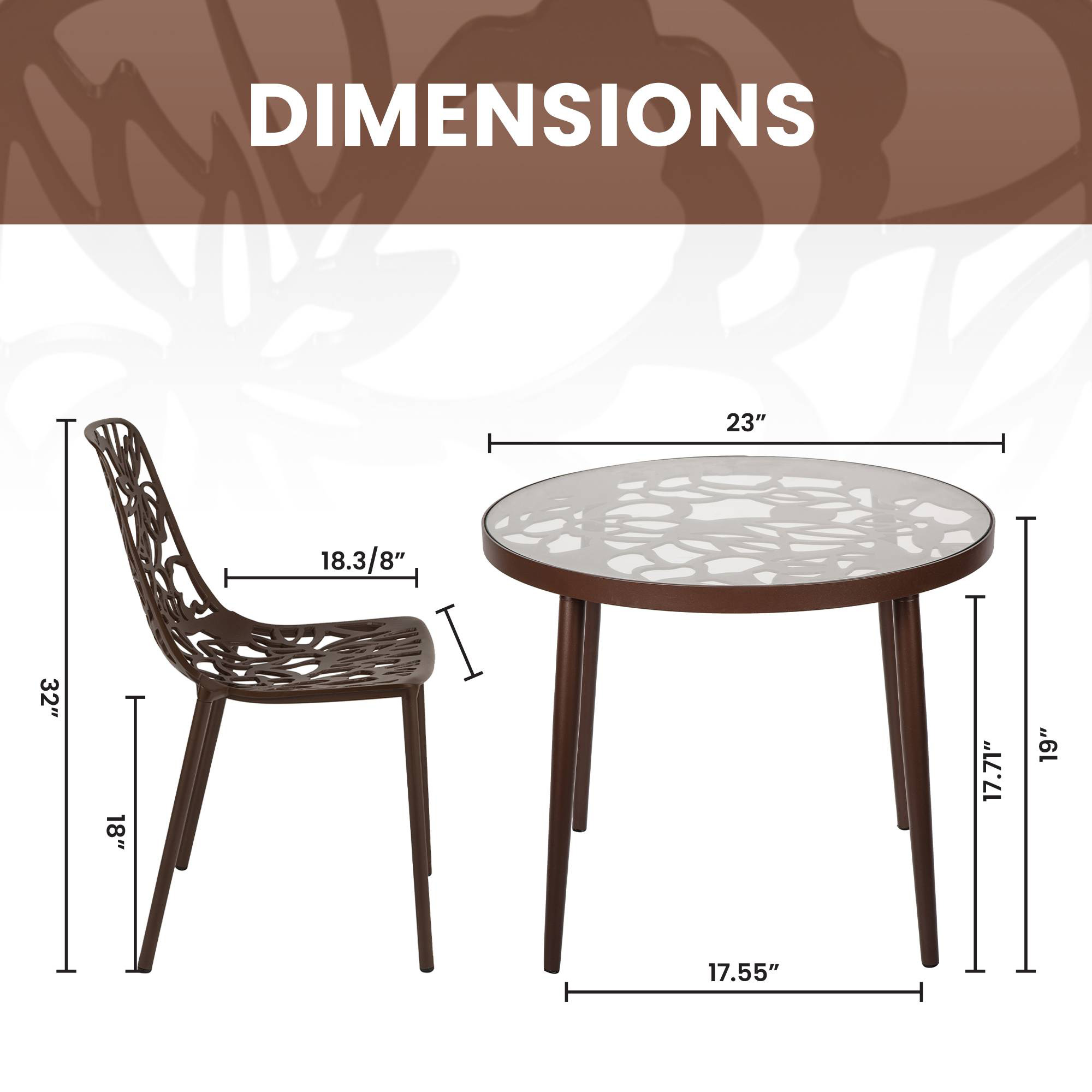 LeisureMod Devon Modern 3-Piece Aluminum Patio Dining Set with Dining Table and 2 Stackable Flower Design Chairs - Brown