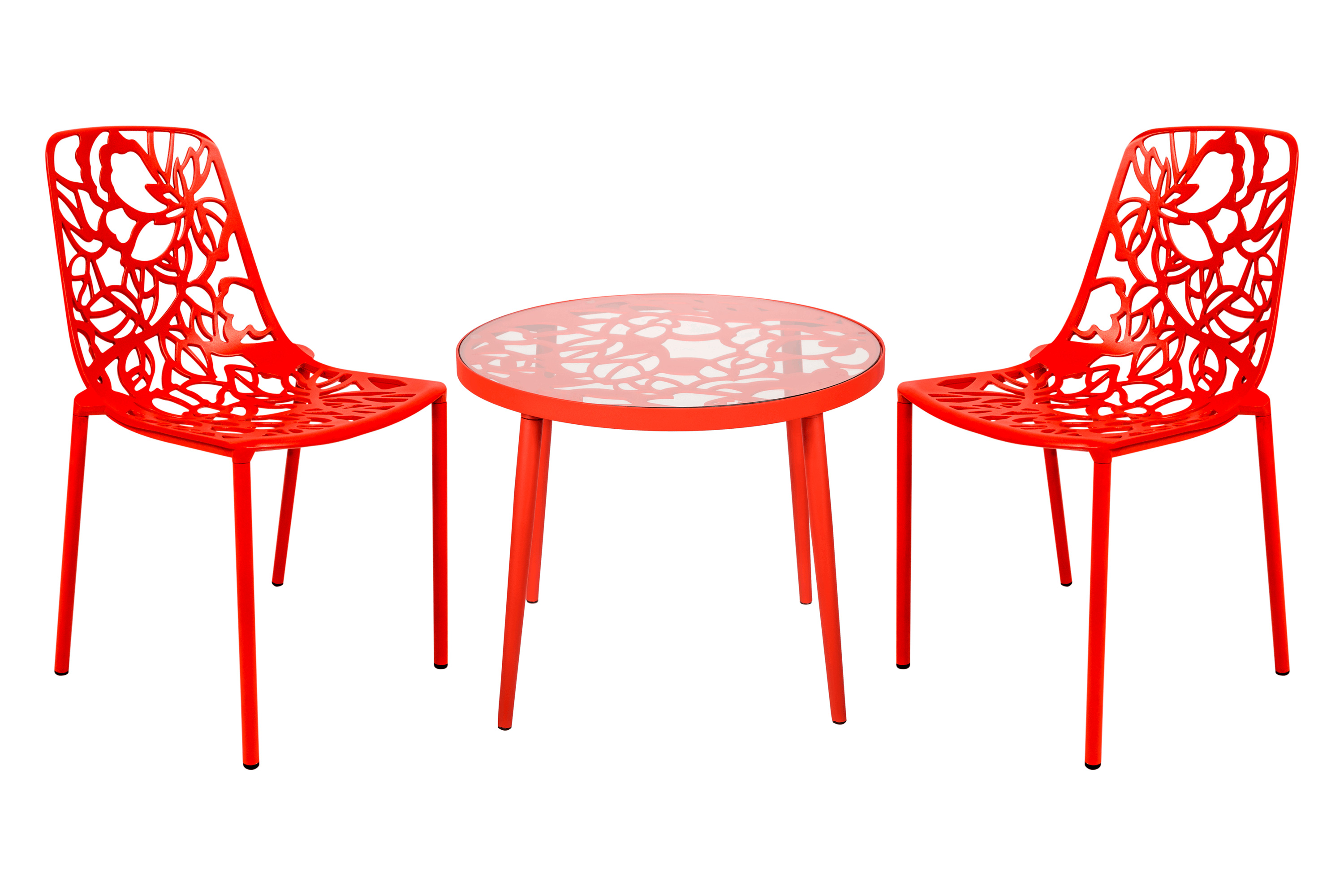 LeisureMod - Devon Modern 3-Piece Aluminum Patio Dining Set with Dining Table and 2 Stackable Flower Design Chairs