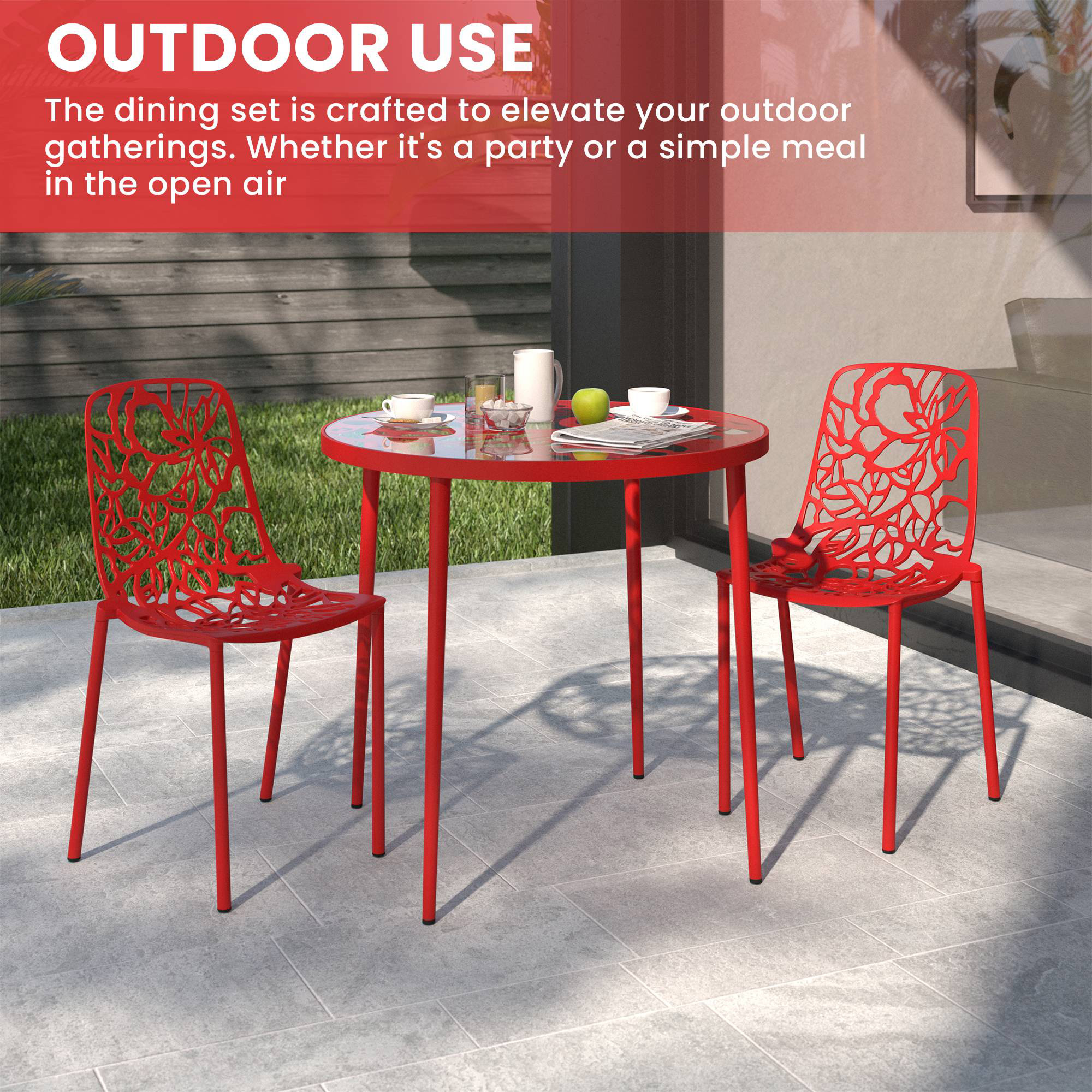 LeisureMod Devon Modern 3-Piece Aluminum Patio Dining Set with Dining Table and 2 Stackable Flower Design Chairs - Red