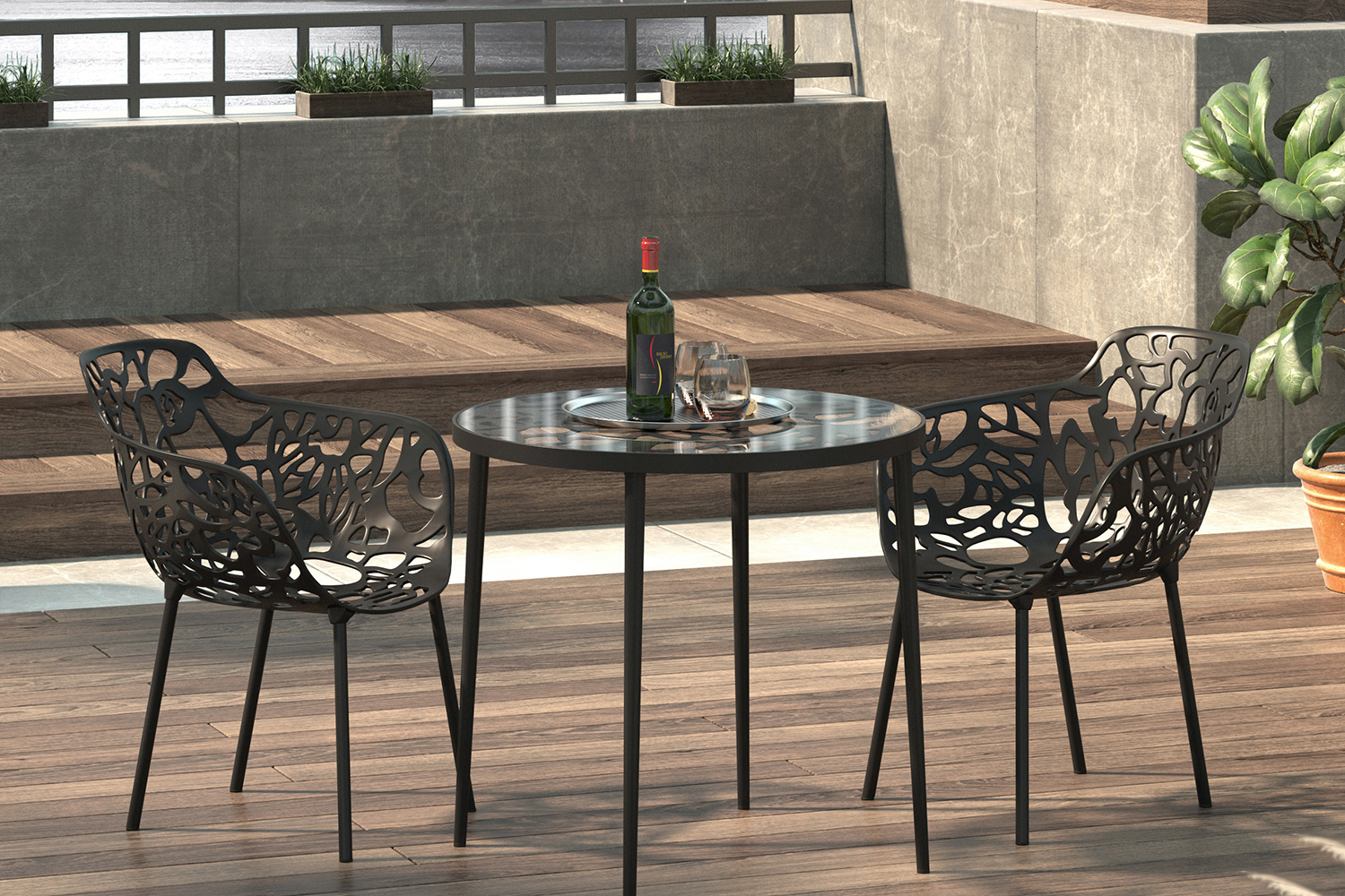 LeisureMod - Devon Tree Design Glass Top Aluminum Base Indoor Outdoor Bistro Dining Table