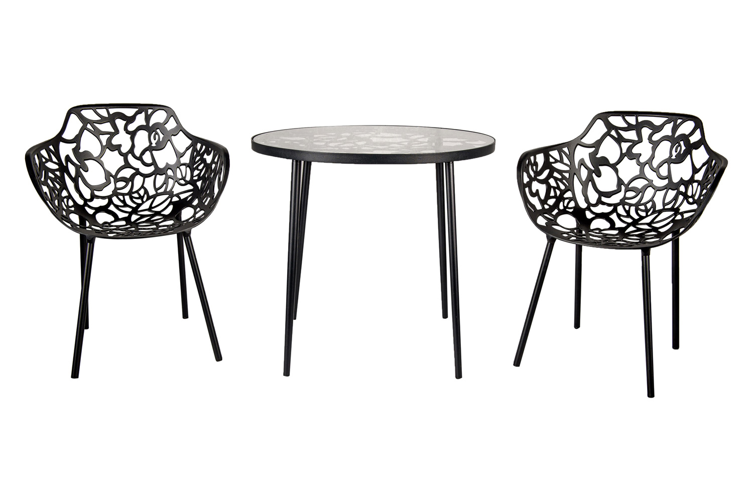 LeisureMod Devon Tree Design Glass Top Aluminum Base Indoor Outdoor Bistro Dining Table - Black