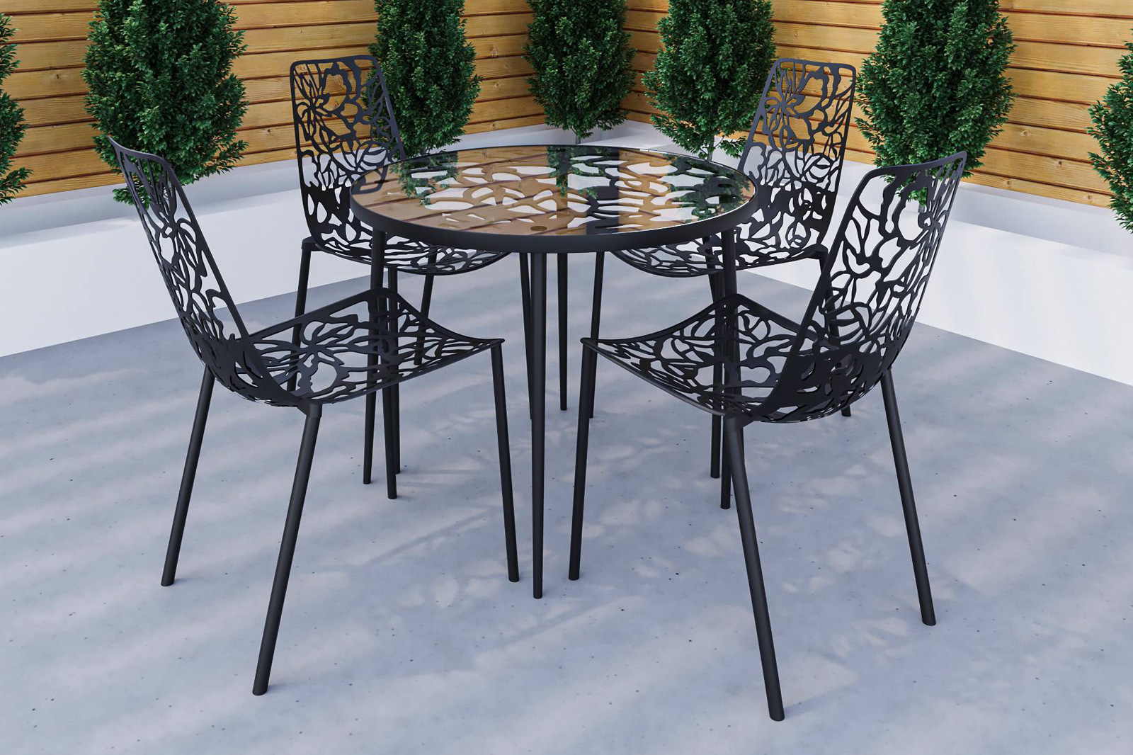 LeisureMod Devon Modern 5-Piece Aluminum Patio Dining Set with Dining Table and 4 Stackable Flower Design Chairs - Black