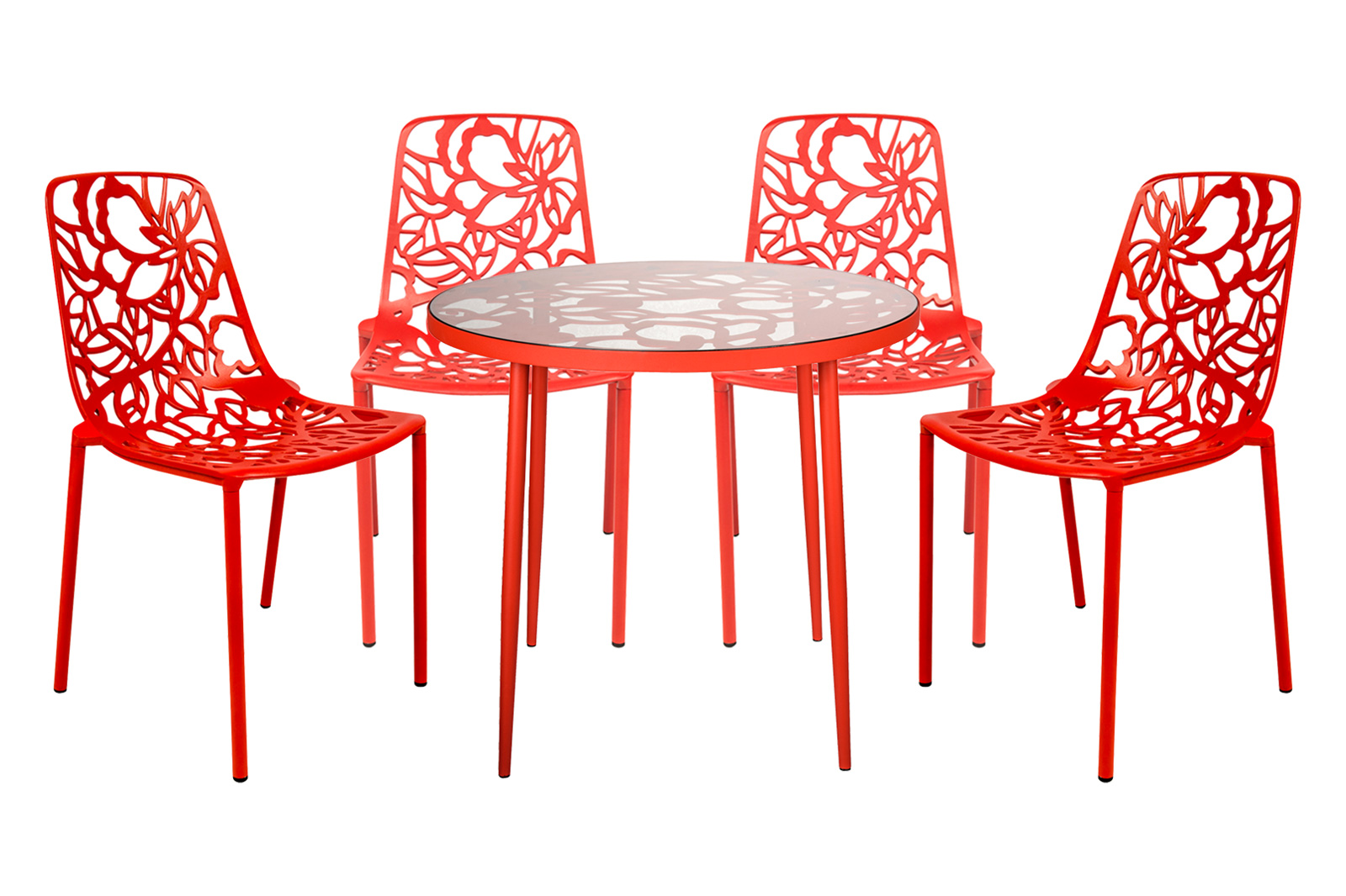 LeisureMod - Devon Modern 5-Piece Aluminum Patio Dining Set with Dining Table and 4 Stackable Flower Design Chairs