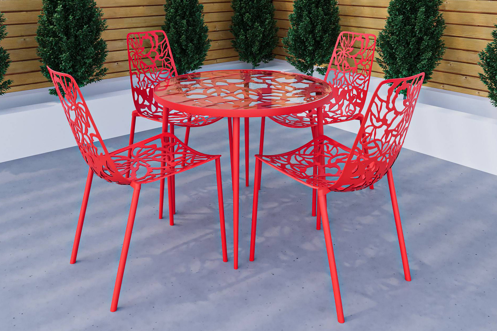 LeisureMod Devon Modern 5-Piece Aluminum Patio Dining Set with Dining Table and 4 Stackable Flower Design Chairs - Red