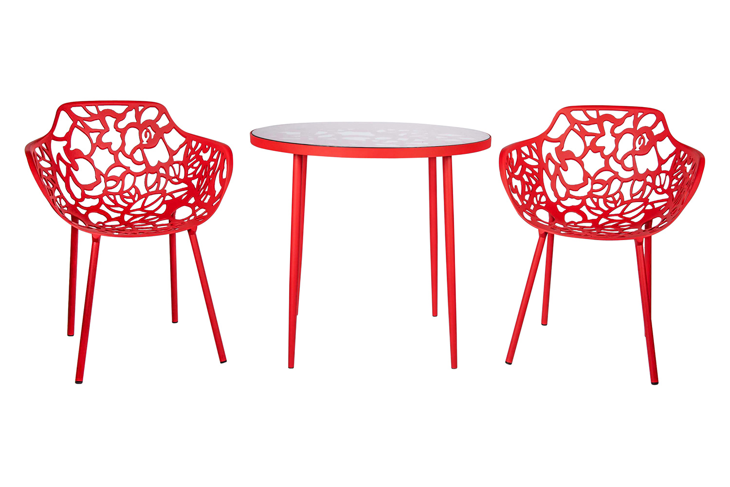 LeisureMod Devon Tree Design Glass Top Aluminum Base Indoor Outdoor Bistro Dining Table - Red