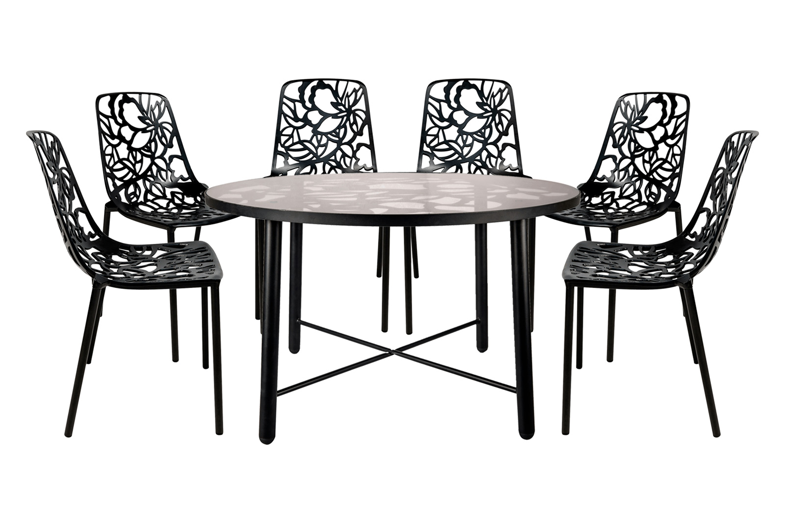 LeisureMod - Devon Modern 7-Piece Aluminum Outdoor Dining Set with Dining Table and 6 Stackable Flower Design Chairs