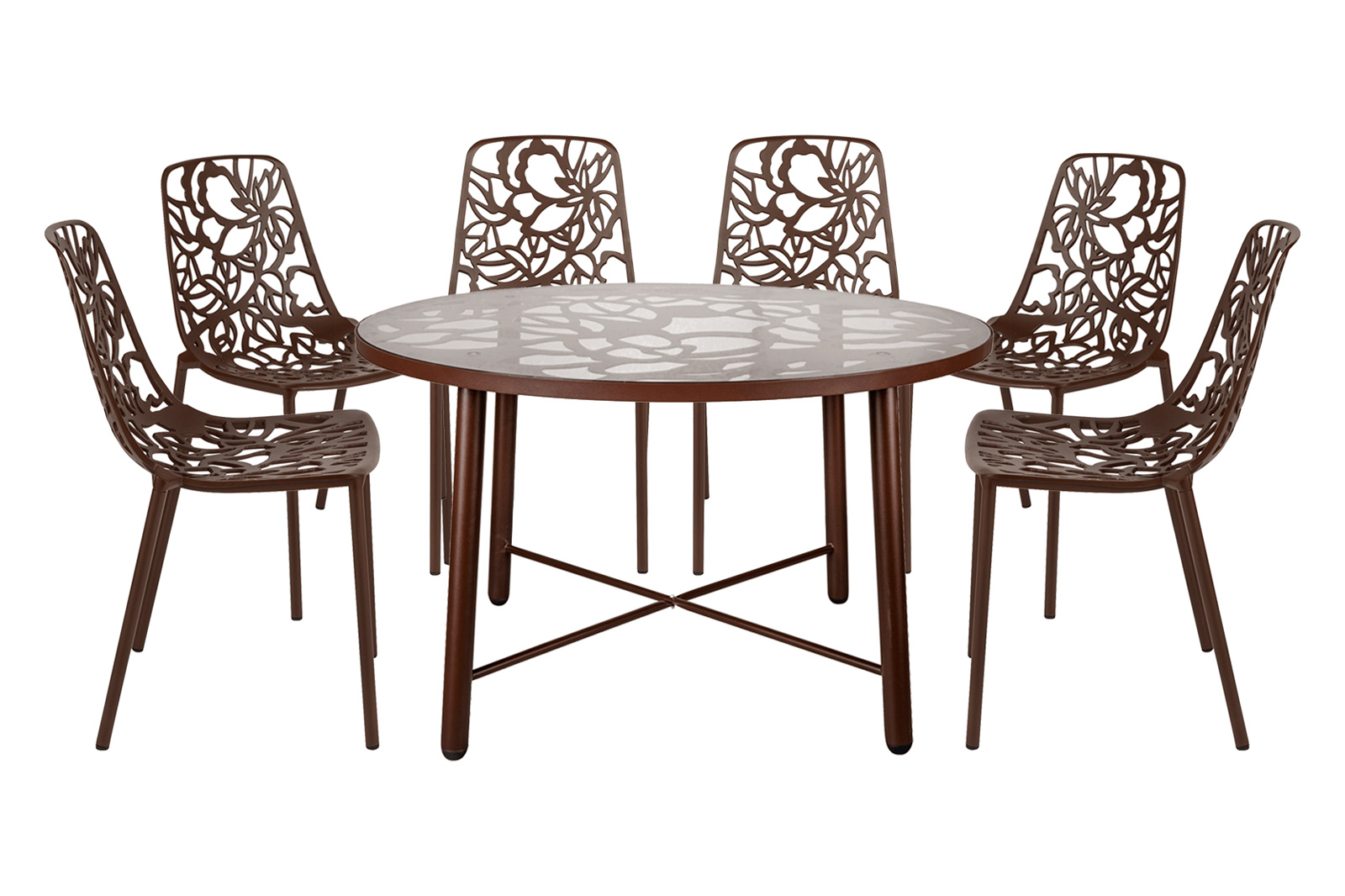 LeisureMod - Devon Modern 7-Piece Aluminum Outdoor Dining Set with Dining Table and 6 Stackable Flower Design Chairs