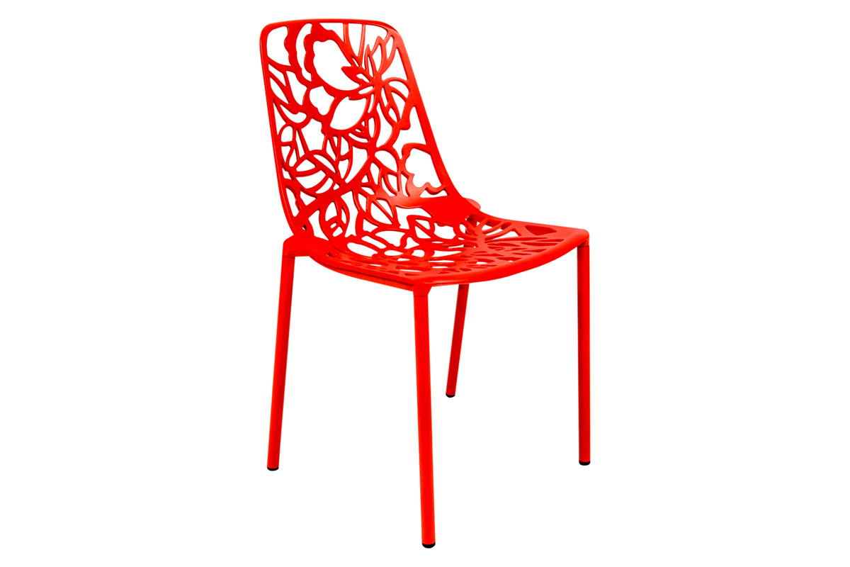 LeisureMod - Devon Modern 7-Piece Aluminum Outdoor Dining Set with Dining Table and 6 Stackable Flower Design Chairs