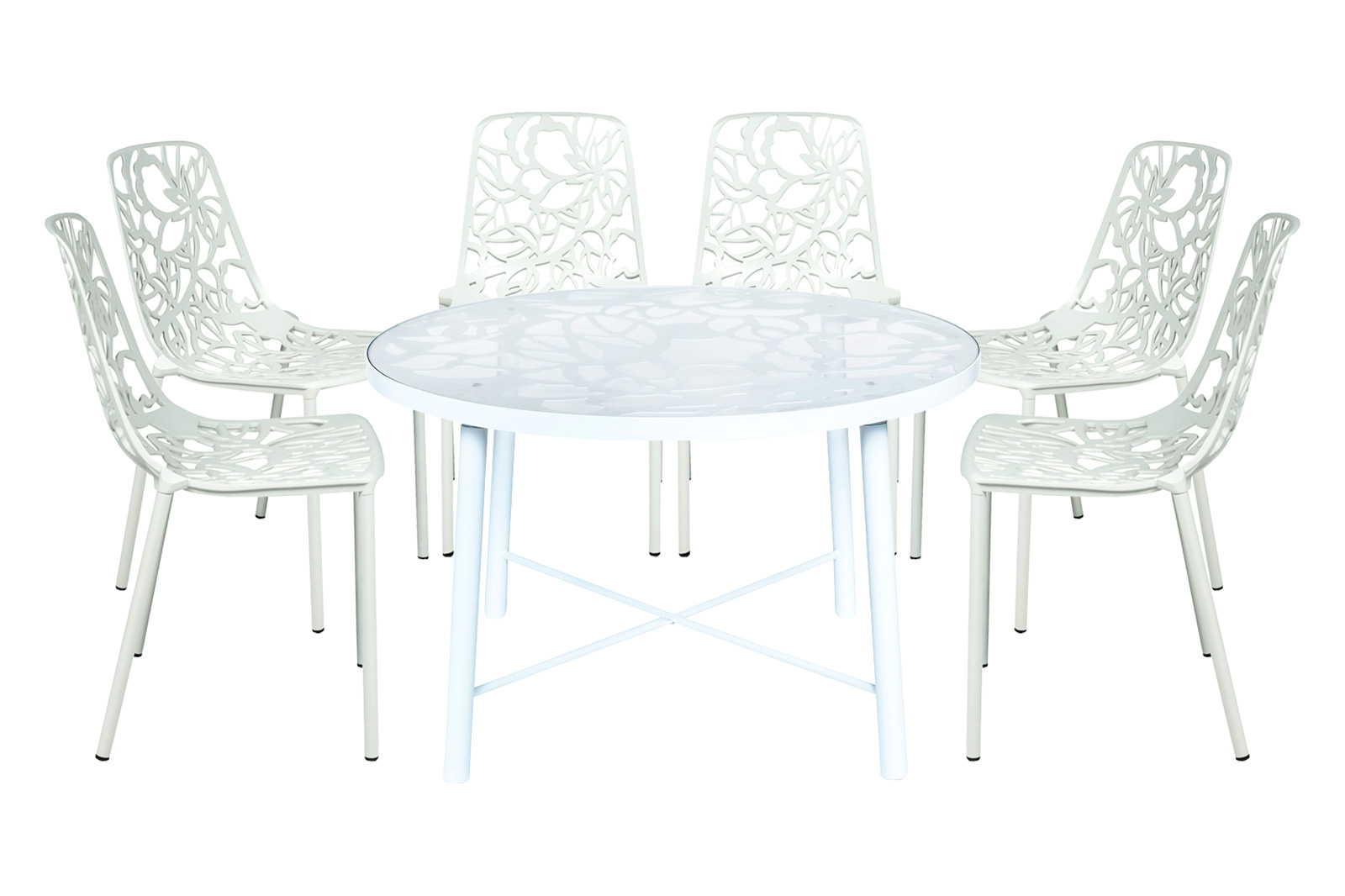 LeisureMod - Devon Modern 7-Piece Aluminum Outdoor Dining Set with Dining Table and 6 Stackable Flower Design Chairs