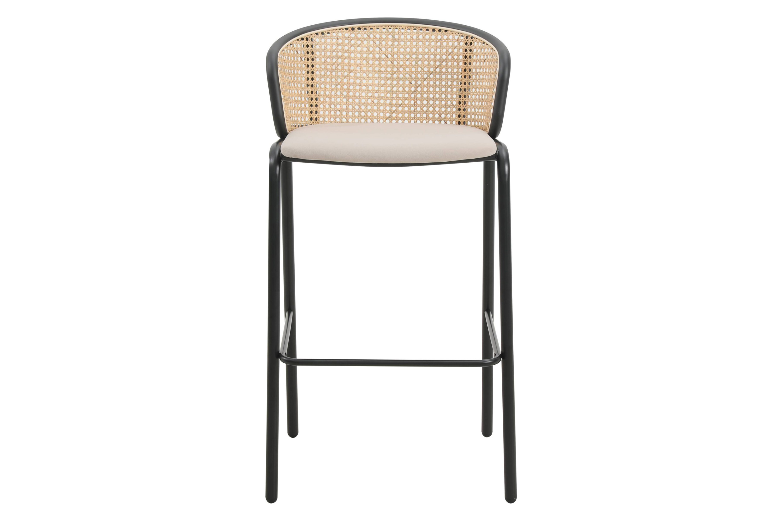 LeisureMod Ervilla Mid-Century Modern Wicker Bar Stool with Fabric Seat and Black Powder Coated Steel Frame - Beige